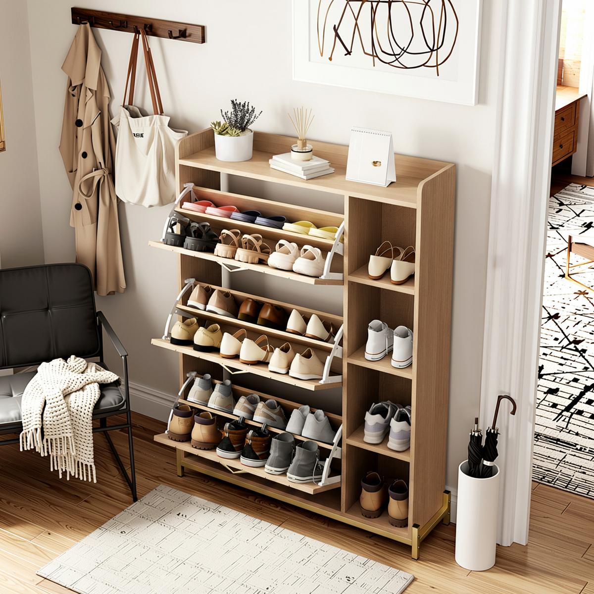 SCHUHSCHRANK eichen-optik mit 3 klappfächern & seitenregal - Naturfarben, Holzwerkstoff (90/119/24cm) - Urban Meuble