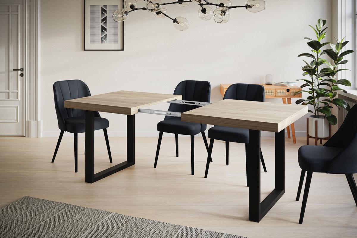 INDUSTRIELLER Esszimmertisch LOFT-U, ausziehbarer Tisch, Größe: 180-280X90X77 cm, Wohnzimmertisch Farbe: SONOMA, mit Metallbeinen in Farbe Schwarz - Schwarz/Sonoma Eiche, Holzwerkstoff (180/90/77cm) - Alpi-Möbel
