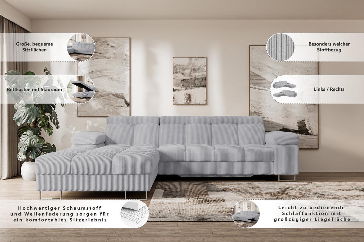 ECKSOFA mit Schlaffunktion Ottomane Links 271x203x79 Grün Bouclé - Smaragdgrün, Holzwerkstoff/Textil (271/203cm) - ALTDECOR