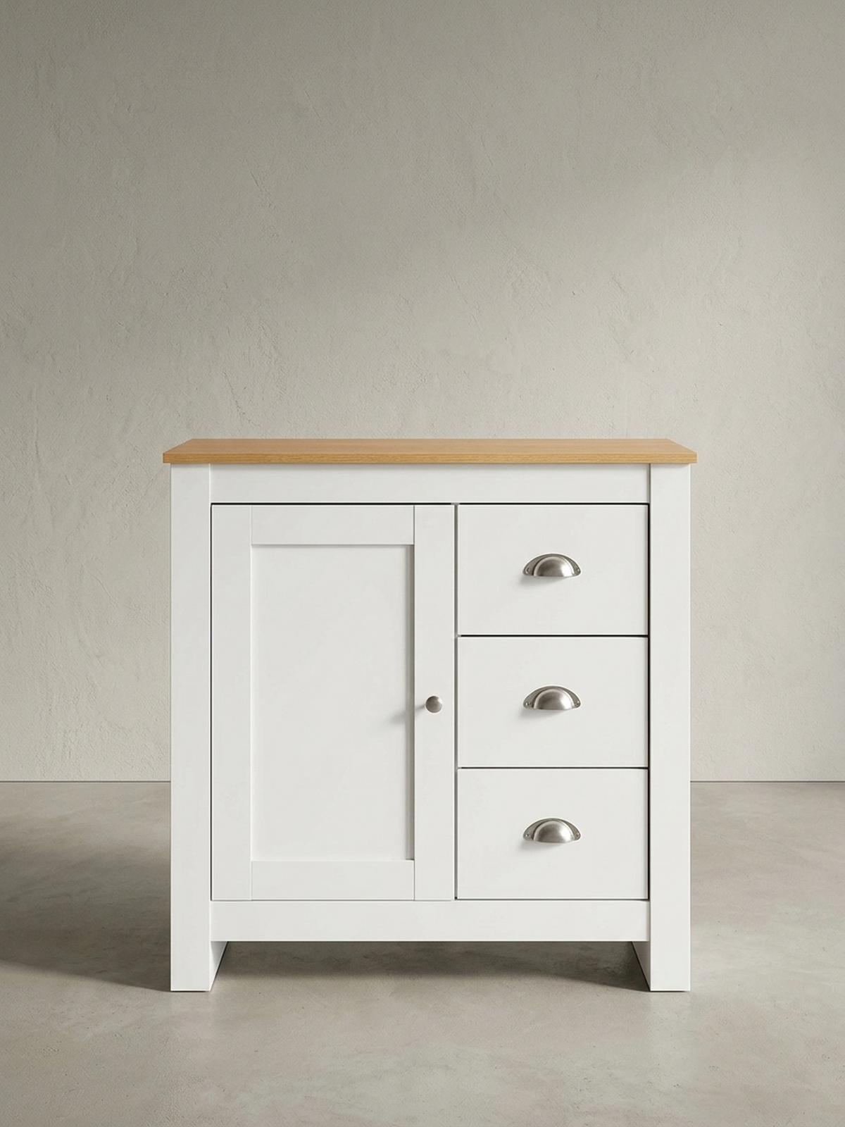 KOMMODE – Eiche-Finish, 3 Schubladen, 2 Türfächer - Weiß, Holz/Metall (79/81/35cm) - KADIMA DESIGN