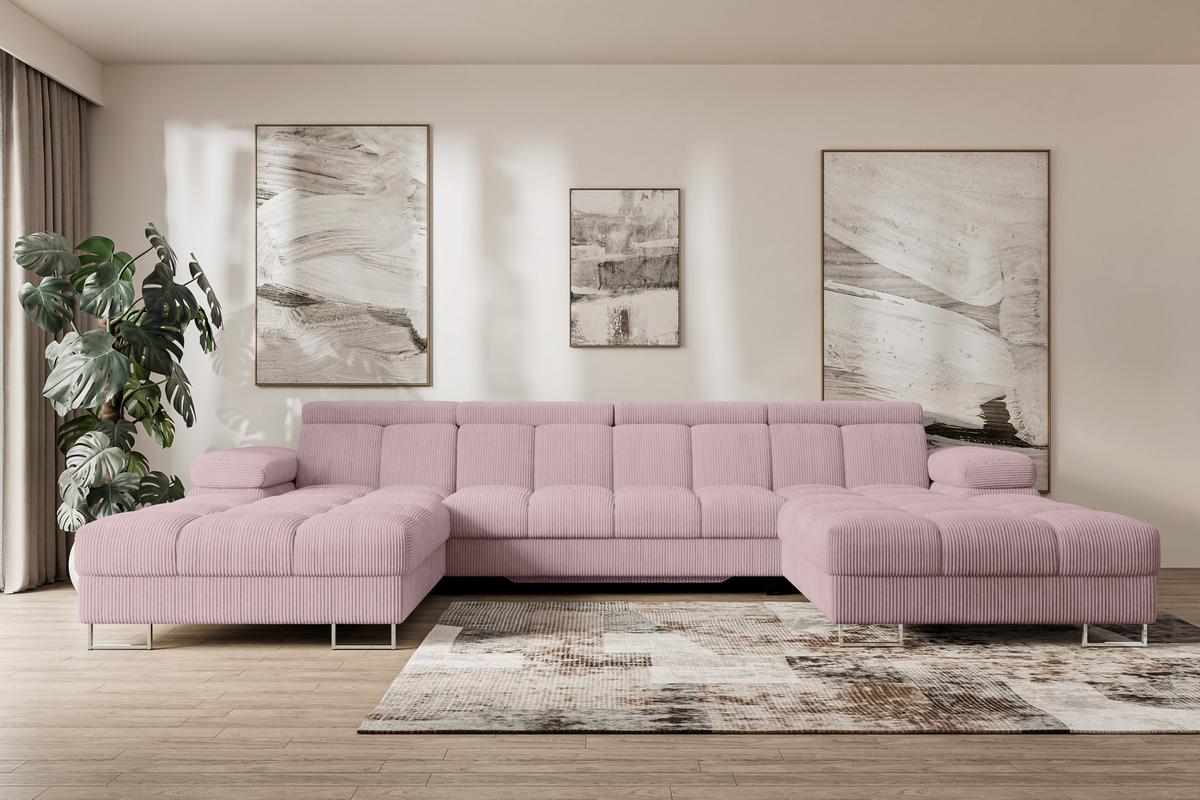 WOHNLANDSCHAFT mit Schlaffunktion und Bettkasten COMA U2 345x203x79 Rosa Cord - Rosa, Holzwerkstoff/Textil (345/79/203cm) - ALTDECOR