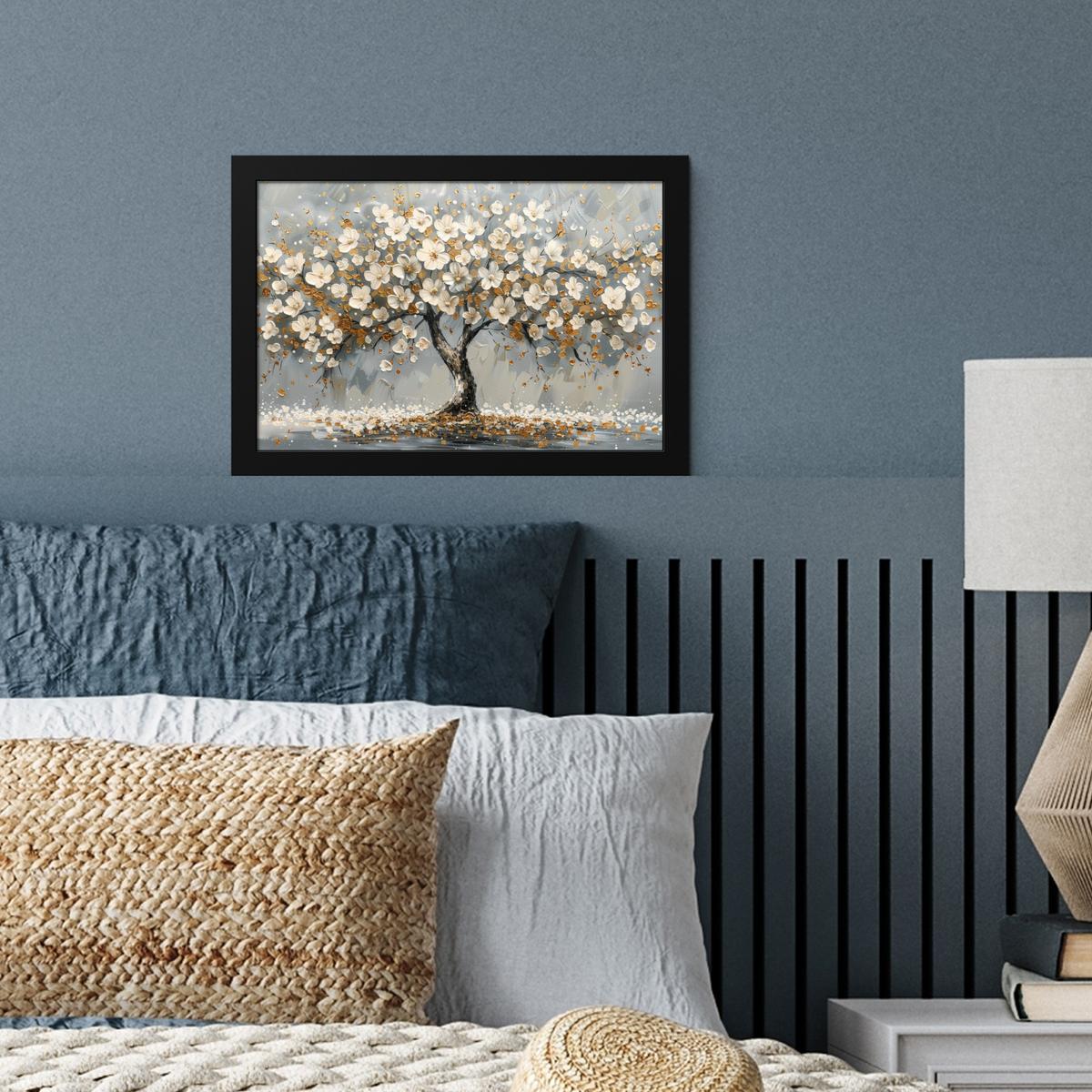POSTER MIT RAHMENGERAHMTES BILD Baum - Blumen - Weiß - Natur - Kunst 30x20 cm - Weiß, Papier (30/20cm) - MuchoWow