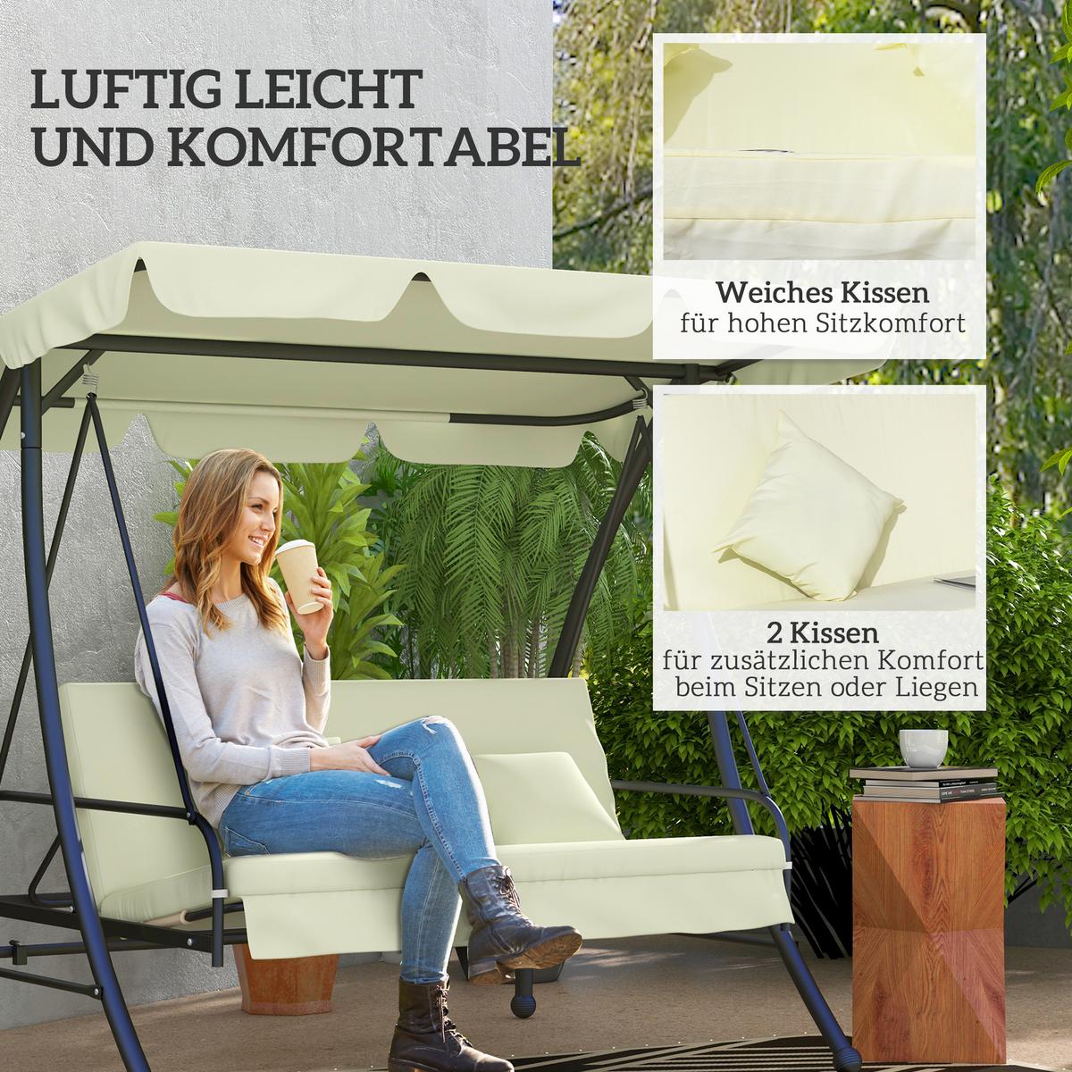 HOLLYWOODSCHAUKEL 2 in 1 mit Liegefunktion 3-Sitzer Gartenschaukel Cremeweiß - Creme, Metall (125/170/210cm) - Outsunny
