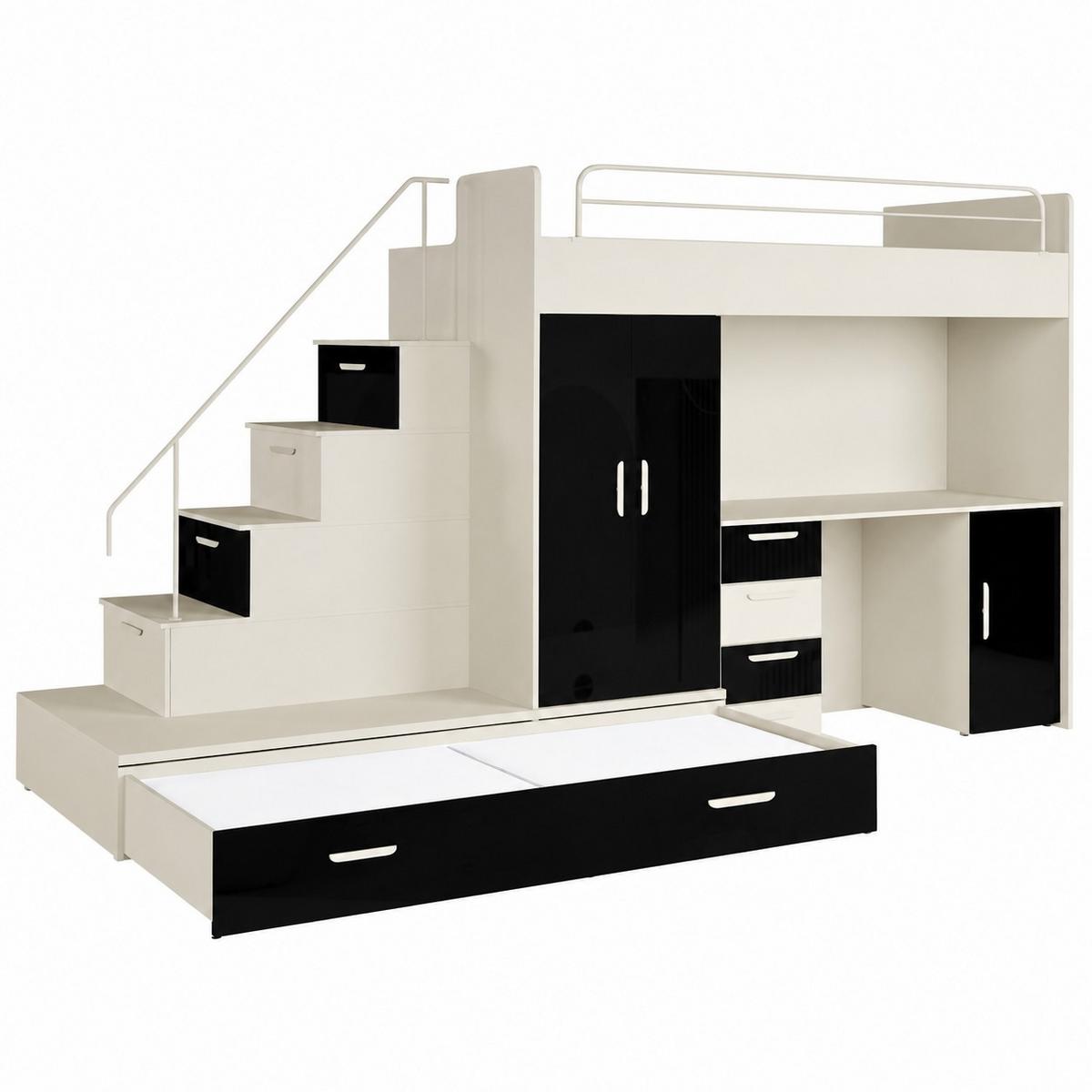 KINDERZIMMER Set RAJ 5, Hochglanz mit Hochbett, Schrank und Schreibtisch - Kaschmir/Schwarz Hochglanz, Holzwerkstoff (320/180/86cm) - Lookway