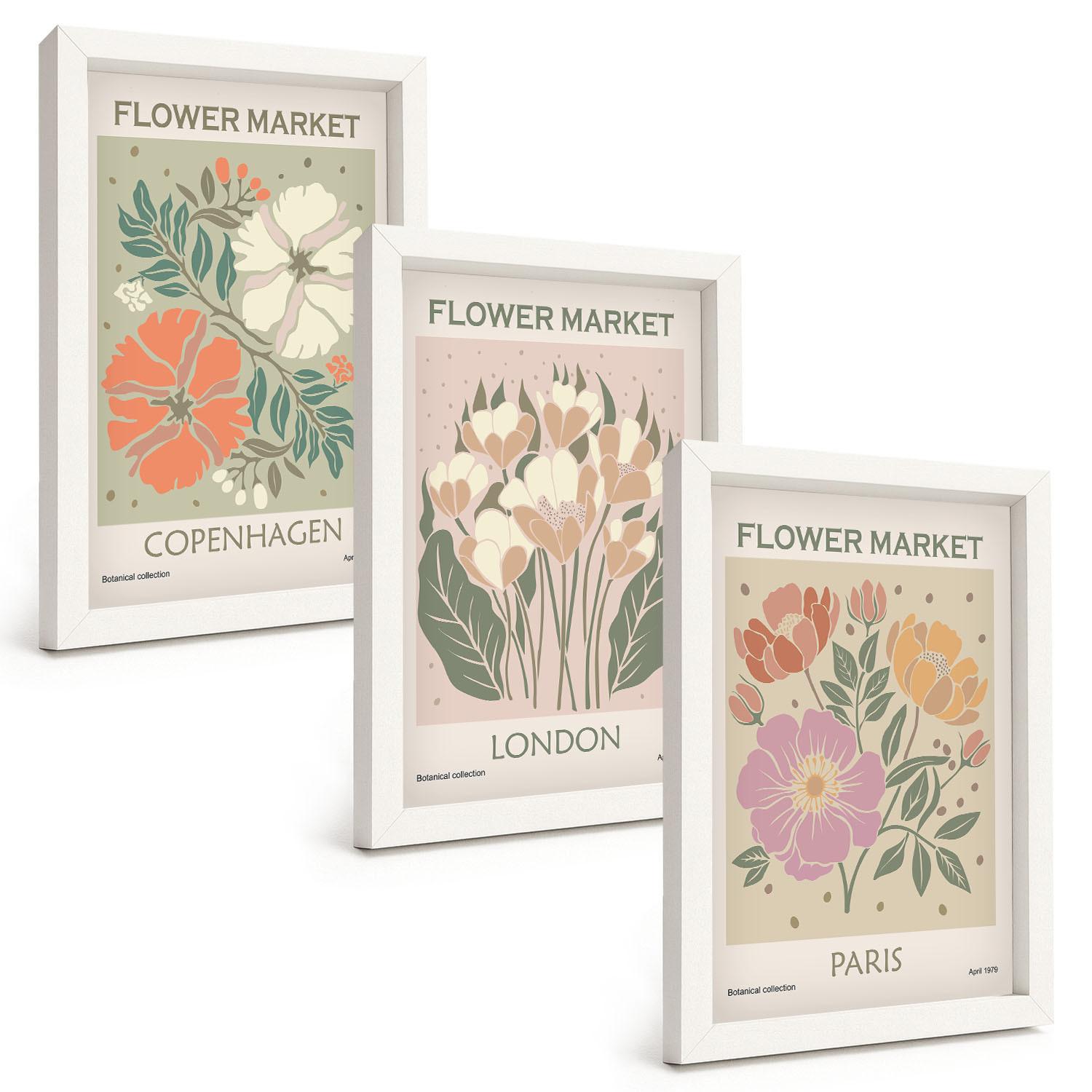 BILDER SET 3er Set - 20x30 cm Weißer Rahmen - Blumenposter Kopenhagen London Paris - Weiß, Kunststoff (20/30cm) - TULUP