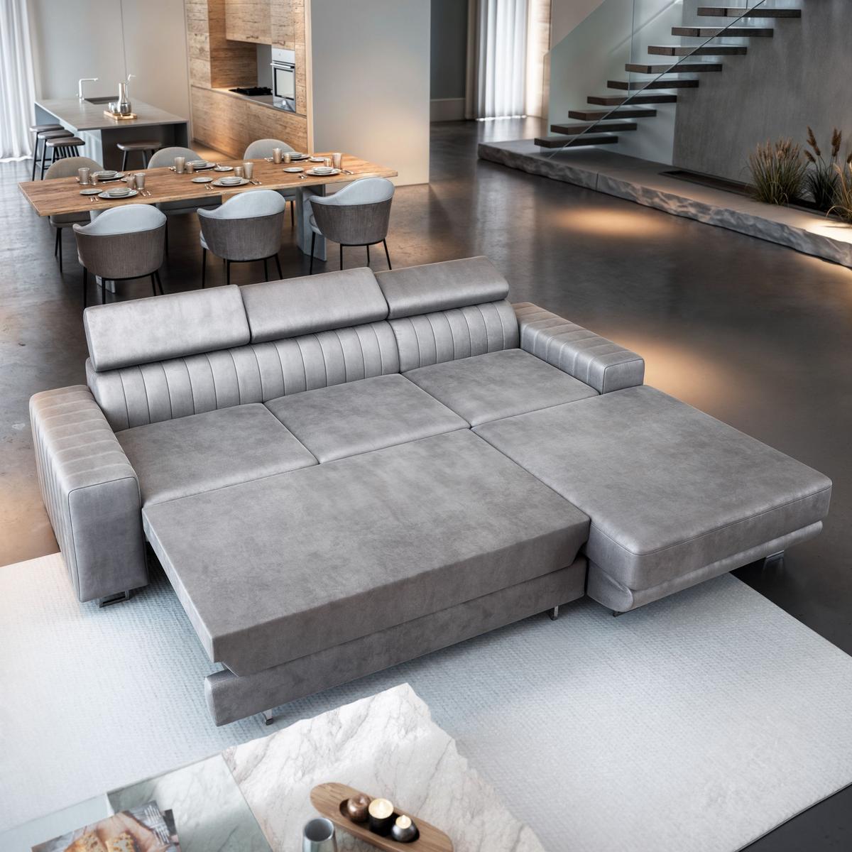ECKSOFA NOTO R-S Braun Velours-Stoff mit Schlaffunktion - Silberfarben/Braun, Holz/Textil (267/190cm) - MASSENO