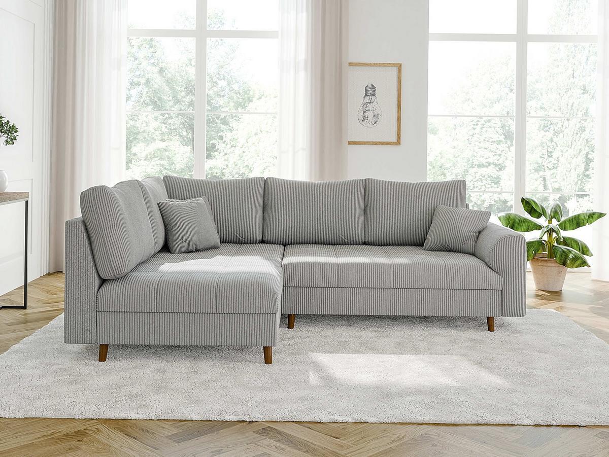 ECKSOFA Alma Hellgrau Cord - Ottomane links - Hellgrau/Braun, Holz/Textil (231/161cm) - S-Style Möbel