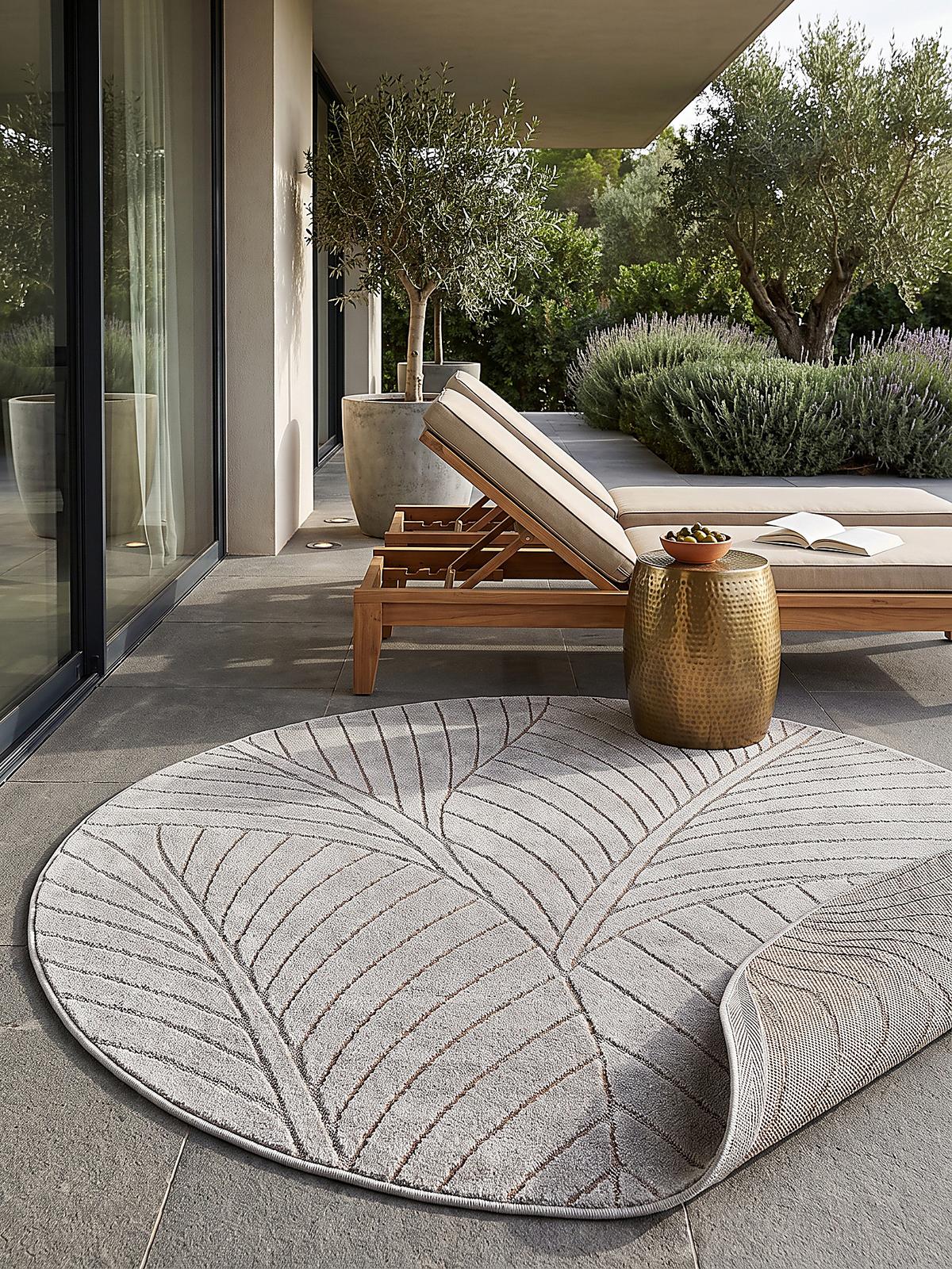 TEPPICH Outdoor, Fußbodenheizung-geeignet, mit Blattmotiv, ENGADIN in Silbergrau, Ø 120 cm - Grau, Textil (120/120cm) - KADIMA DESIGN