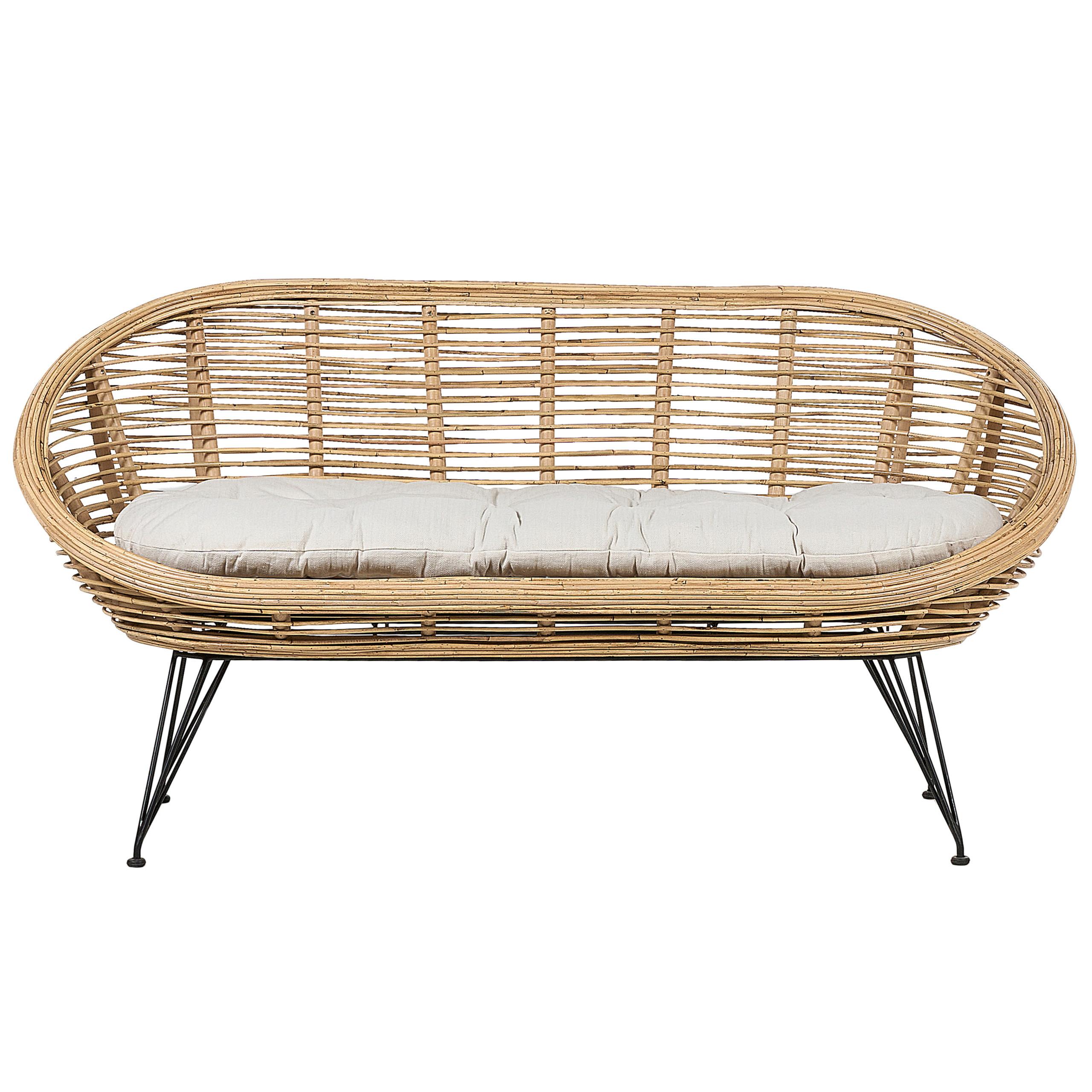 GARTENSOFA 2-Sitzer Rattan natürlich Auflage Hellbeige Maratea - Beige/Schwarz, Naturmaterialien (165/87/64cm) - Beliani