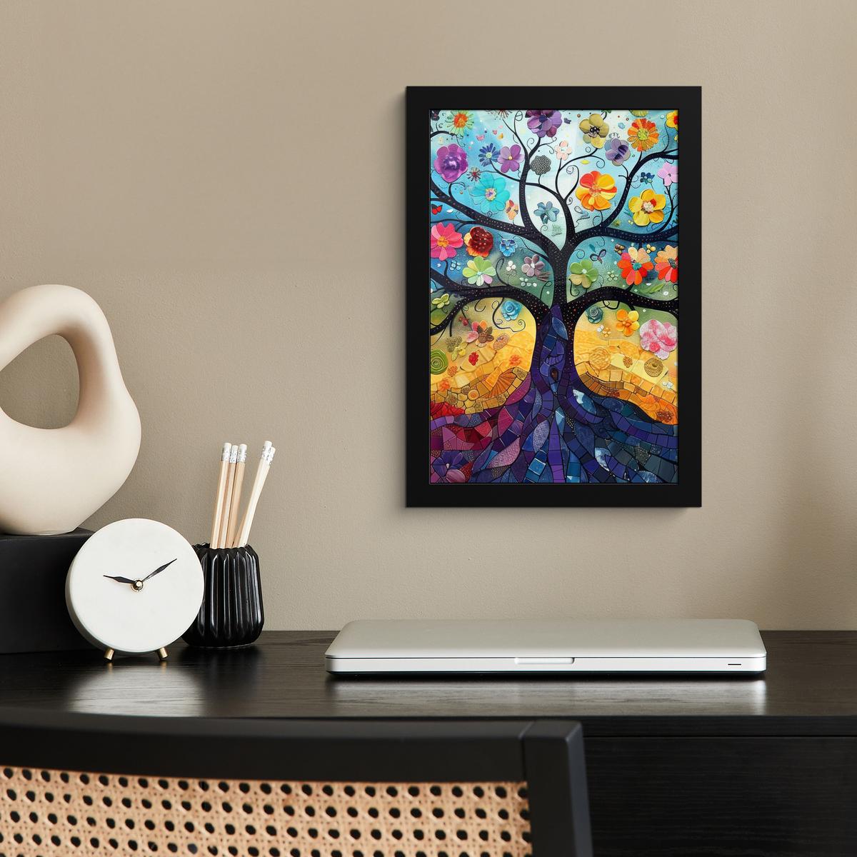 POSTER MIT RAHMEN Kunst - Baum des Lebens - Blumen - Hippie Poster 20x30 cm - Dunkelblau, Papier (20/30cm) - MuchoWow