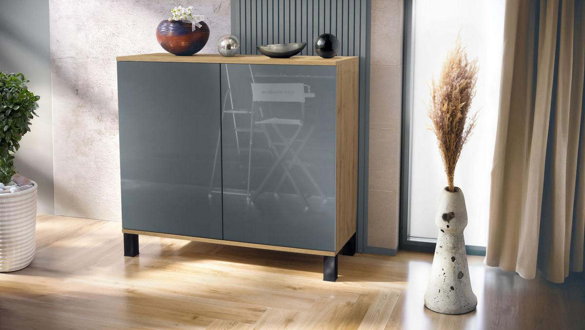 KOMMODE Skadu Grau Hochglanz - Grau, Holzwerkstoff (92.5/84.5/35cm) - Vladon