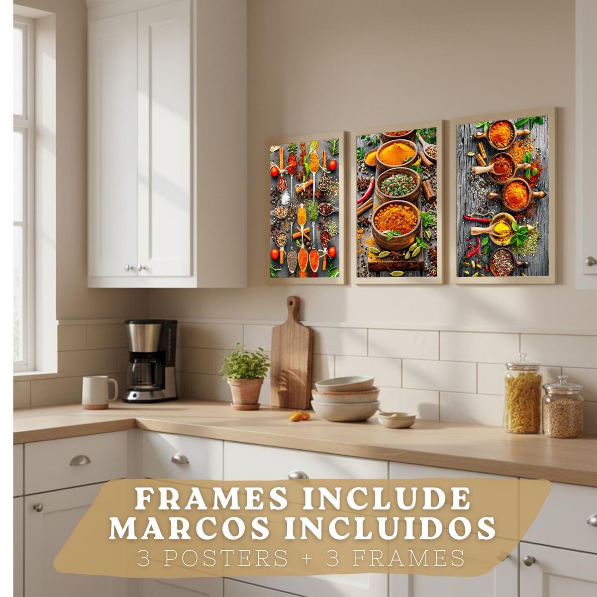 POSTER 3er Set Gewürze und Kräuter Wandbilder Aromatische Zutaten Food Fotografie Küche Esszimmer Deko Leichter Holzrahmen A4 - Beige, Papier (29.7/1/21cm) - Nacnic