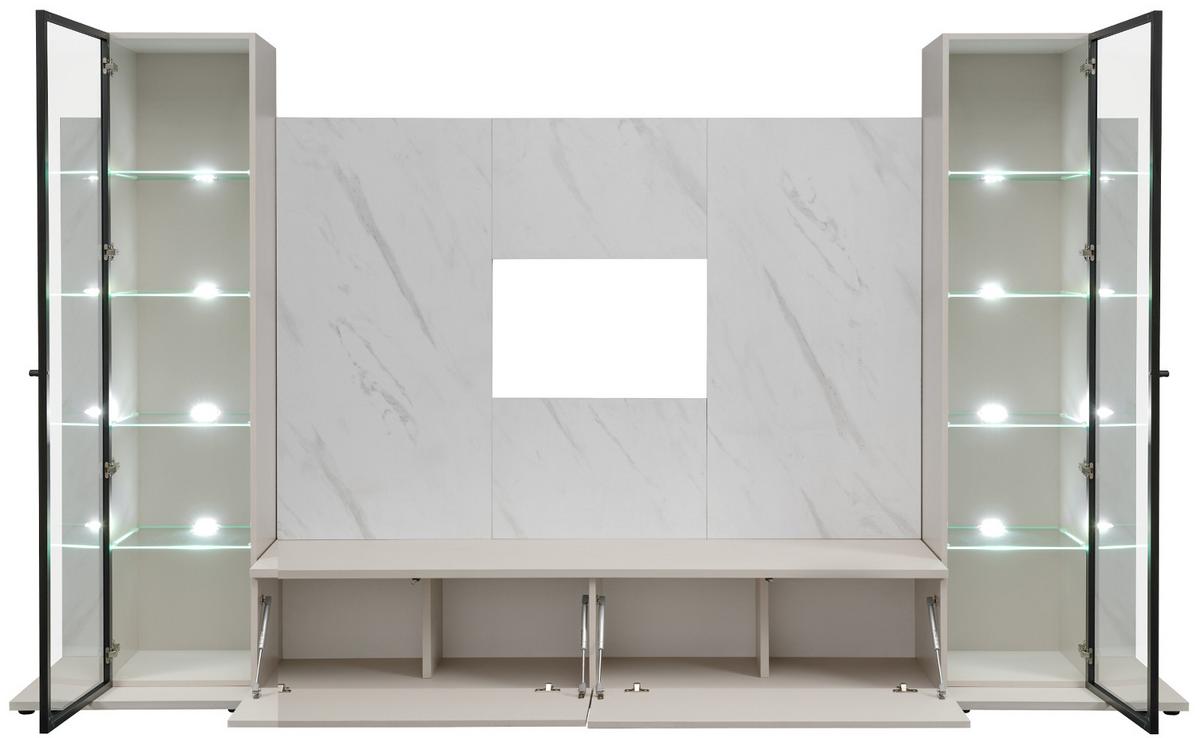 WOHNWAND kaschmir, Marmor weiß 300 cm, Anbauwand mit Wandpaneel, Beleuchtung, Push-to-Open - Kaschmir/Schwarz, Glas/Holzwerkstoff (300/175/45cm) - Inn.Furn