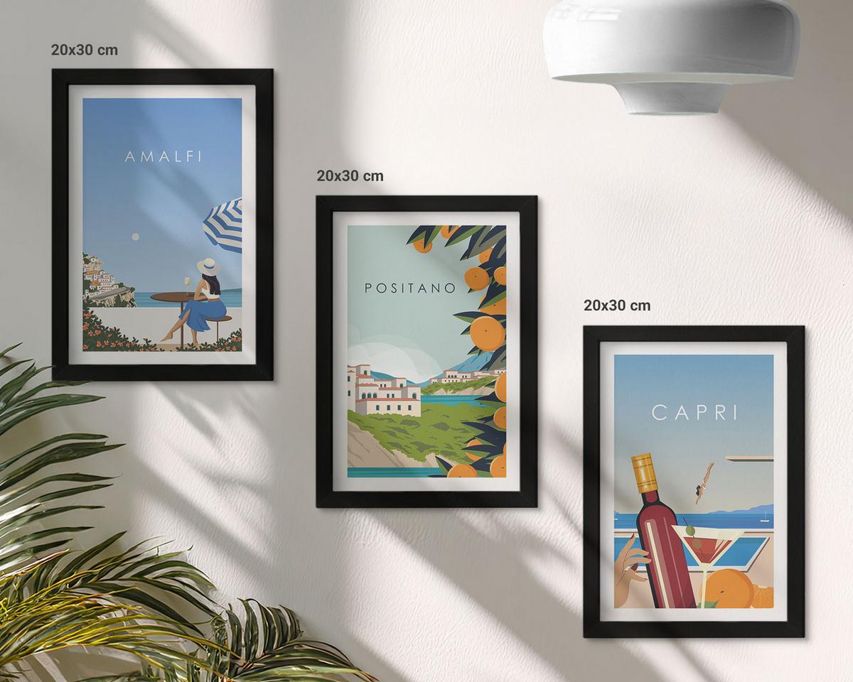 BILDER SET 3er Set - 20x30 cm Schwarzer Rahmen - Amalfi, Positano und Capri - Schwarz, Kunststoff (20/30cm) - TULUP