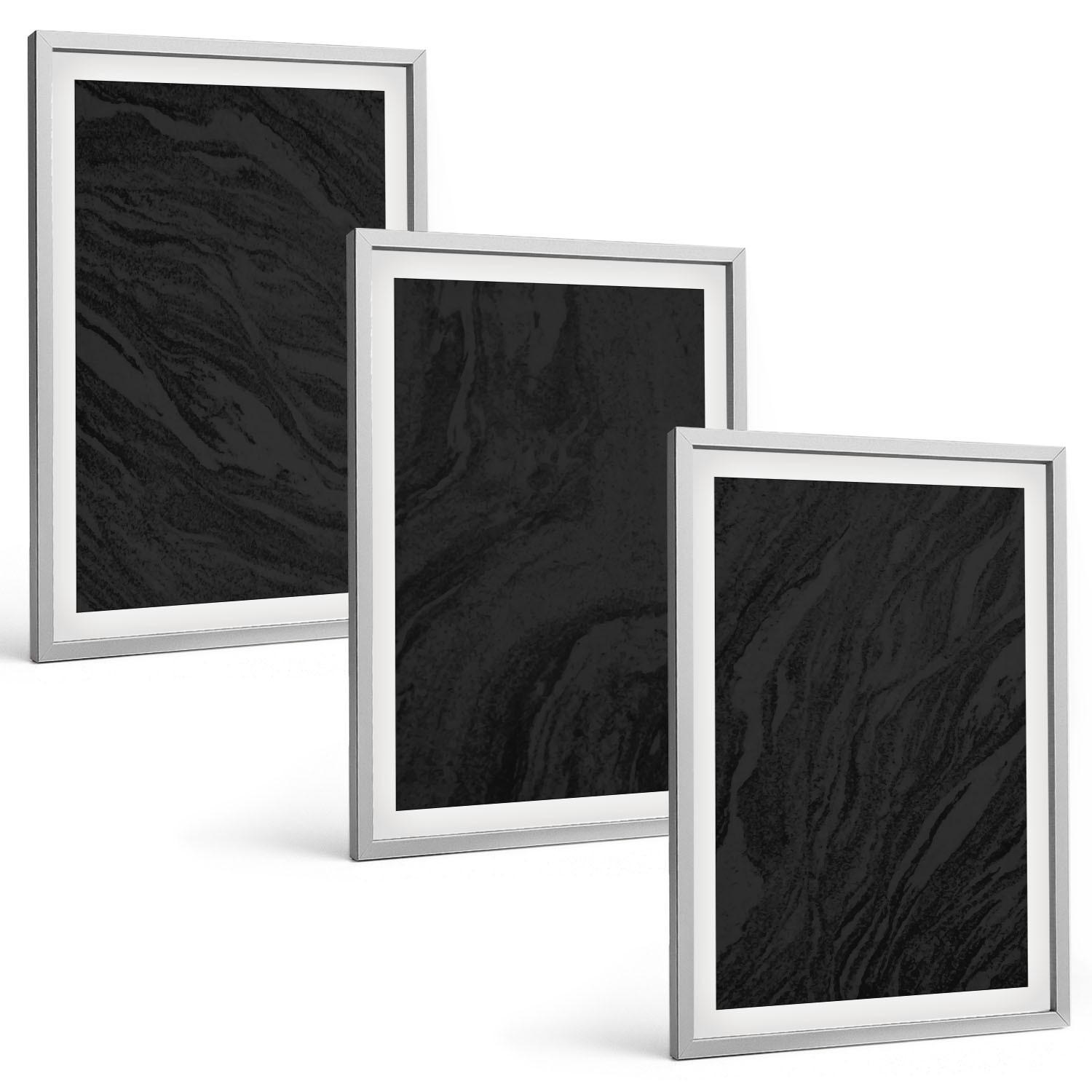 BILDER SET 3er Set - 40x60 cm Silberner Rahmen - Dunkler Marmor, elegante Texturen - Silberfarben, Kunststoff (40/60cm) - TULUP