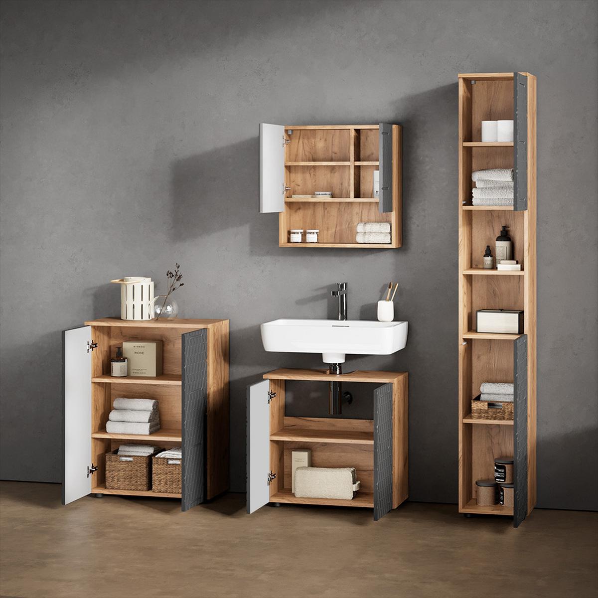 BADMÖBEL-SET Ronco Anthrazit mit Wabenstruktur 4 Teile, mit Hochschrank und Kommode - Anthrazit, Holzwerkstoff (60/59/30cm) - Livinity®