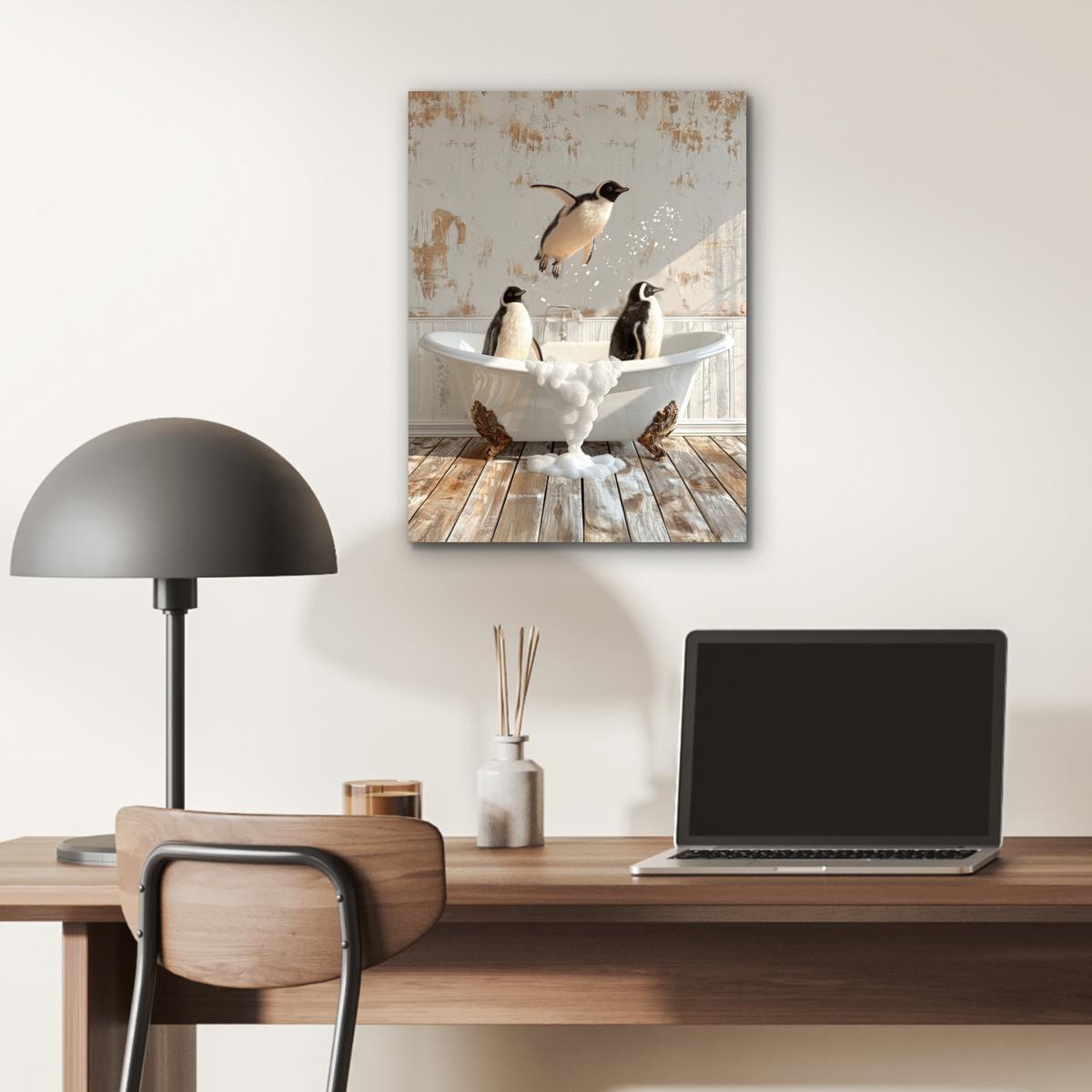 METALLBILD Vintage - Pinguin - Badewanne - Schaumstoff 30x40 cm - Schwarz, Metall (30/40cm) - MuchoWow