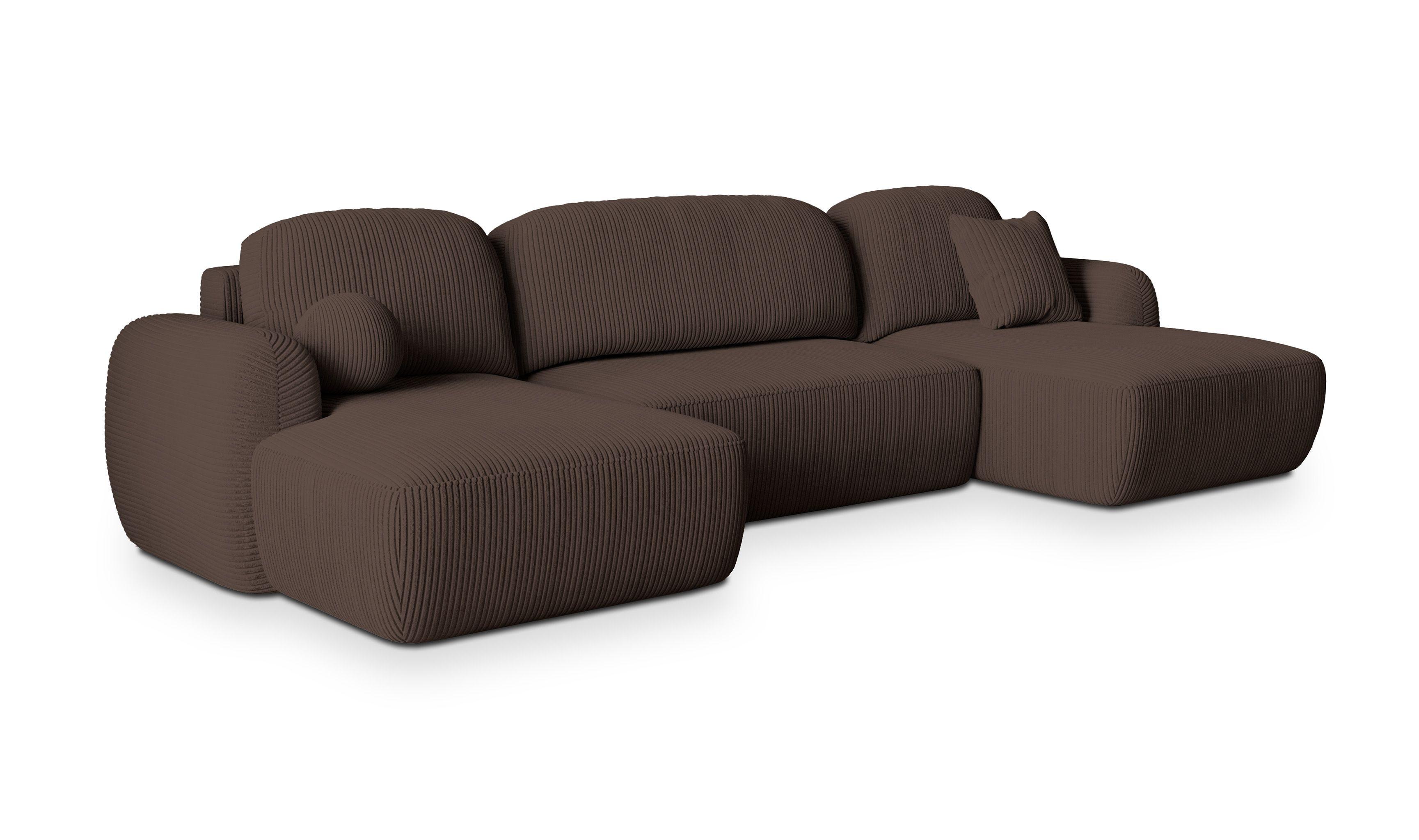 WOHNLANDSCHAFT SAVONA P Braun Kordstoff mit Schlaffunktion - Schwarz/Braun, Holz/Kunststoff (320/90/148cm) - MASSENO