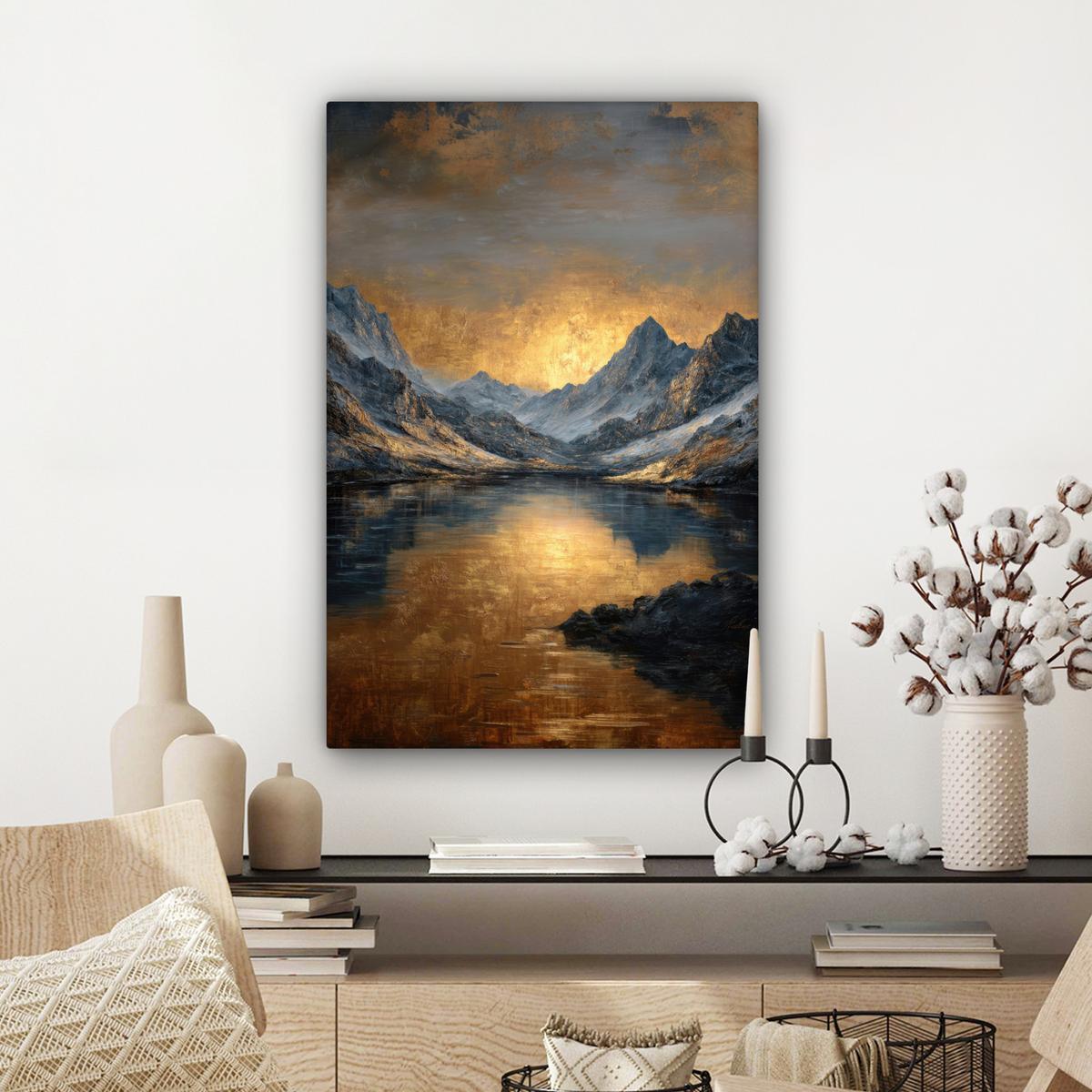 LEINWANDBILD Bergkulisse mit goldenem Sonnenuntergang Wanddeko 40x60 cm - Goldfarben, Textil (40/60cm) - MuchoWow