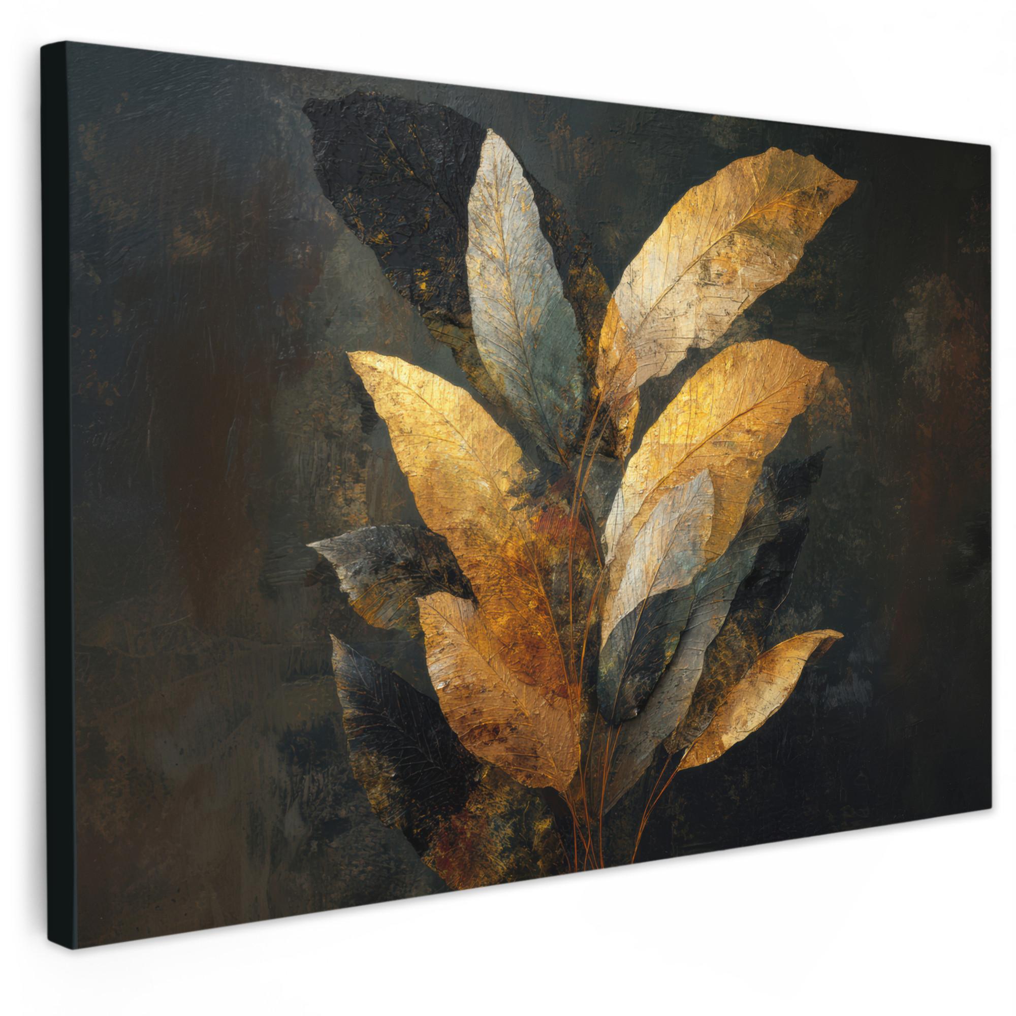 LEINWANDBILD Golden Leaf Komposition - Botanical Luxury Groß 140x90 cm - Goldfarben/Schwarz, Textil (140/90cm) - MuchoWow