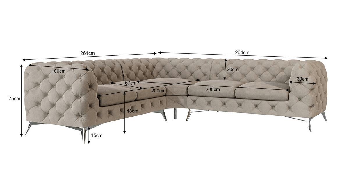 ECKSOFA Chesterfield Laura Dunkle Creme Samt - Silberfarben/Creme, Holz/Textil (264/264cm) - S-Style Möbel
