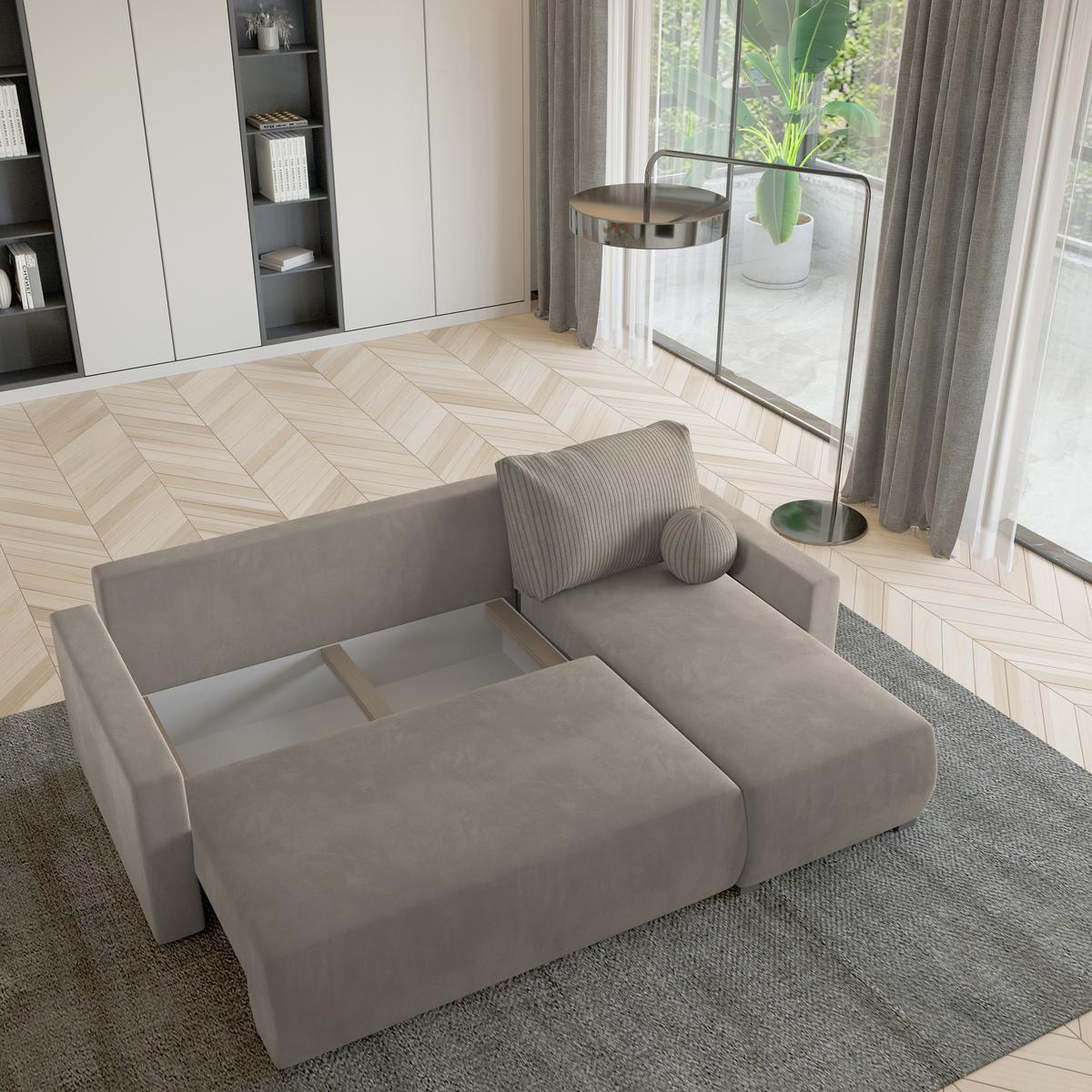 ECKSOFA SORGE Beige Plüsch-Stoff mit Schlaffunktion - Beige, Holz (220/143cm) - MASSENO