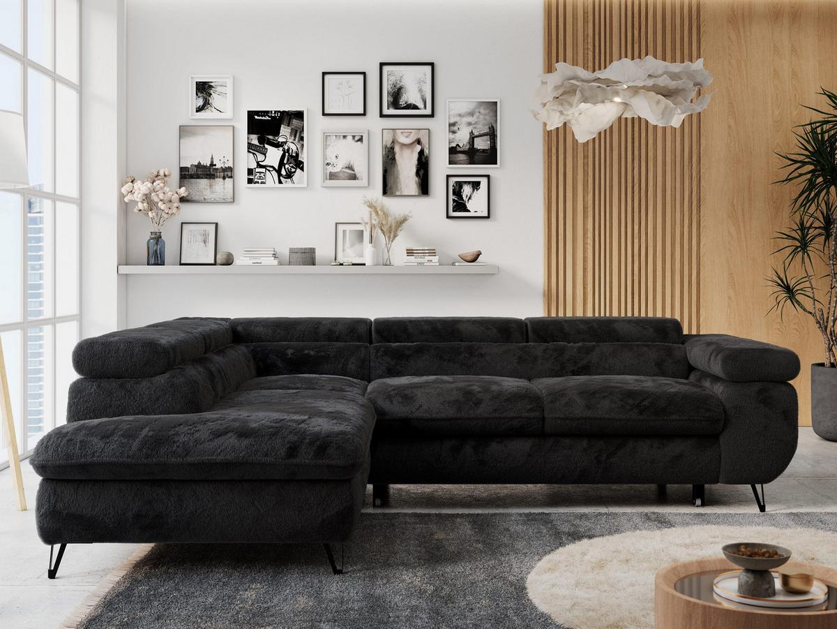ECKSOFA PETER L Schwarz Plüsch - Links Seite - Schwarz, Textil/Metall (208/273cm) - MKS