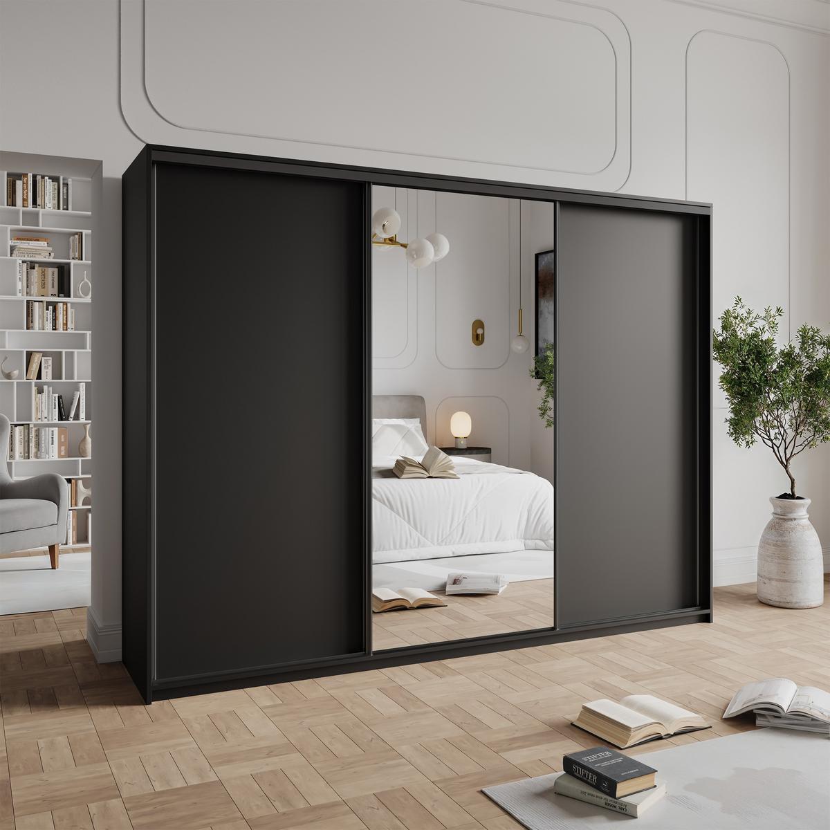 SCHWEBETÜRENSCHRANK TAVI 270/205/60 cm 3-türig mit Spiegel Schwarz - Schwarz, Holzwerkstoff (270/205/60cm) - MASSENO