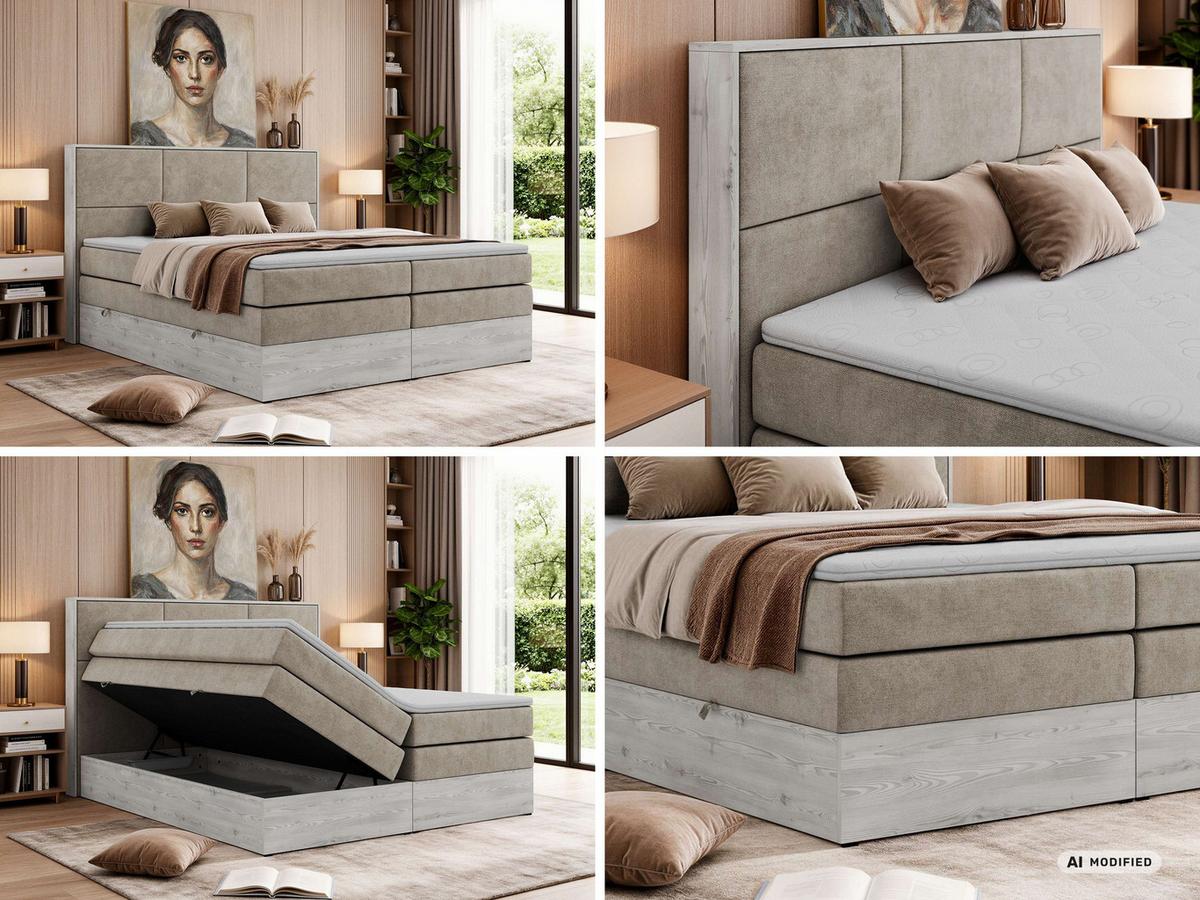 BOXSPRINGBETT DELNOR KING 160/200 - Greige Stukture - Topper Visco - H3 - Greige/Schwarz, Kunststoff/Textil (160/200cm) - MKS