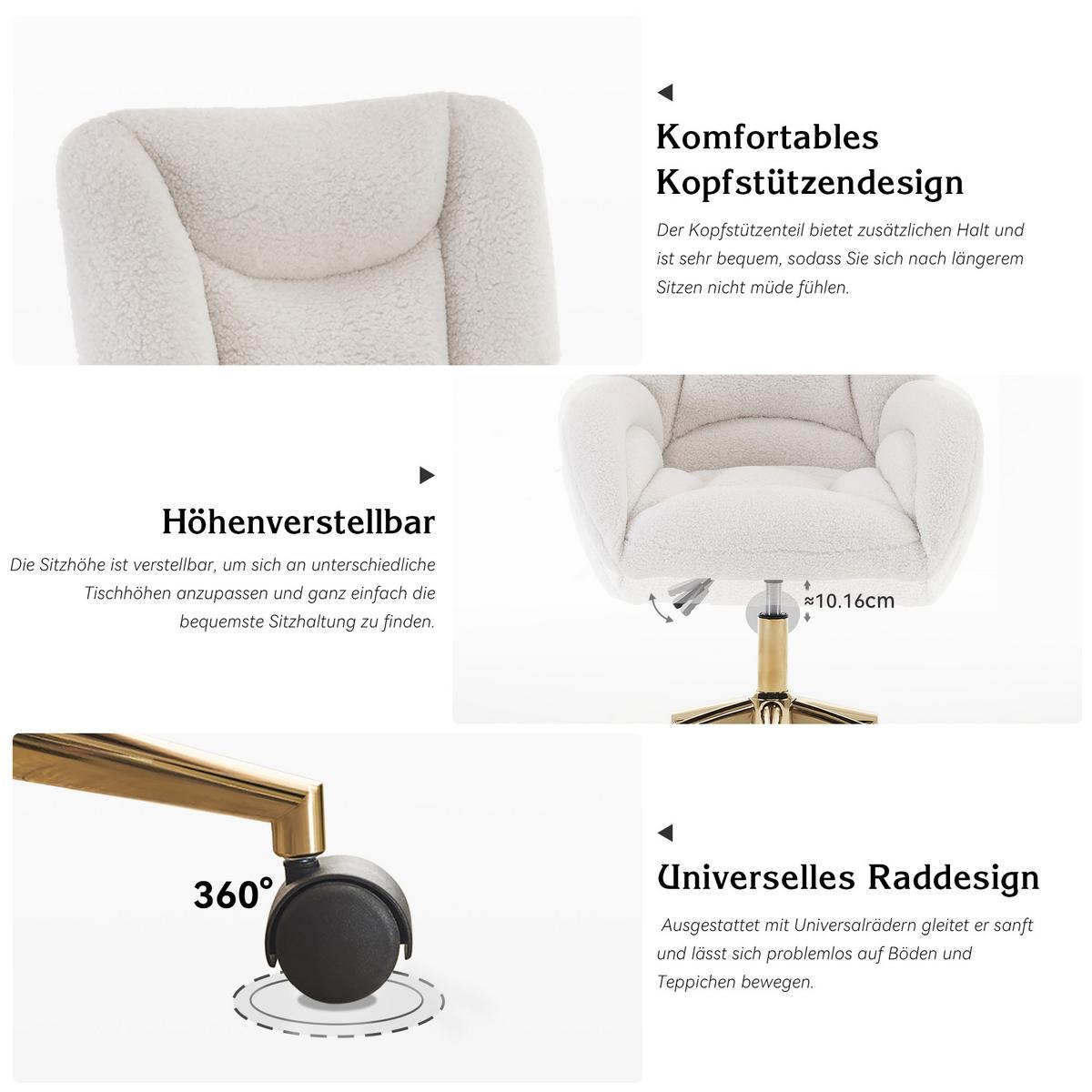 BÜROSTUHL teddy-stoff weiß & gold, höhenverstellbar & 360° drehbar - Weiß, Textil (64/92.5/62cm) - Urban Meuble