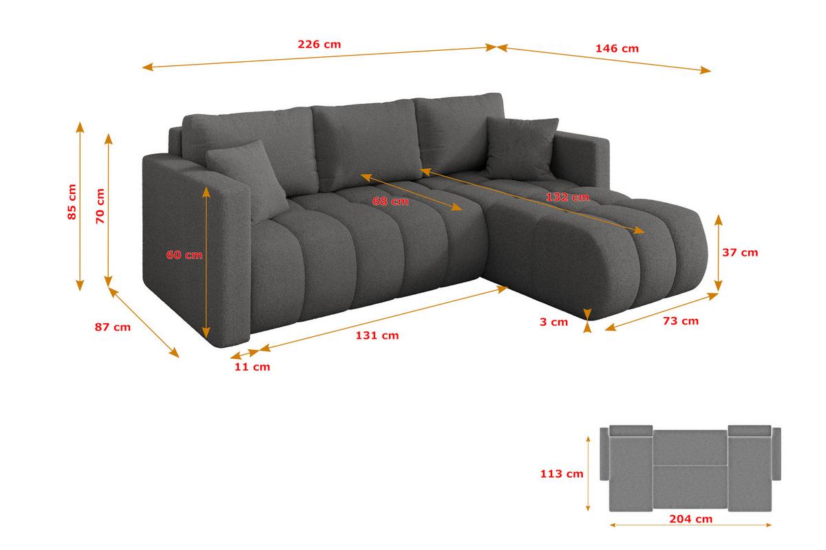 ECKSOFA mit Schlaffunktion Ottomane Rechts GARD-L 226x146x85 Grau Bouclé - Schieferfarben/Schwarz, Holzwerkstoff/Kunststoff (226/146cm) - ALTDECOR