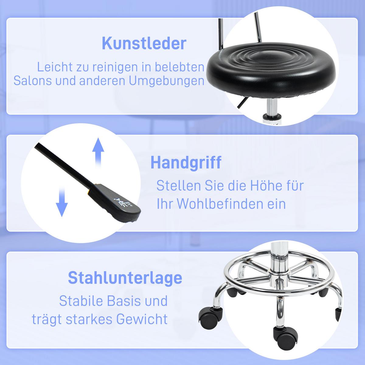 ROLLHOCKER höhenverstellbar Drehhocker Drehbar Salon Hocker mit Lehne, Rädern - Schwarz, Kunststoff (32/86/40cm) - HOMCOM