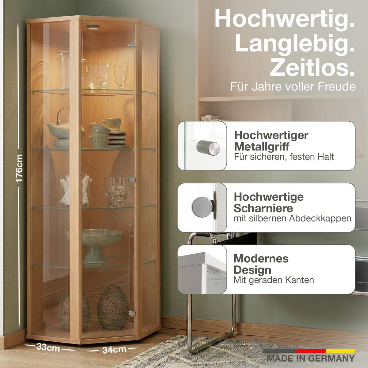 ECKVITRINE 56,5/56,5/176 cm mit LED - Transparent/Silberfarben, Glas/Holzwerkstoff (56.5/176/56.5cm) - K-Möbel
