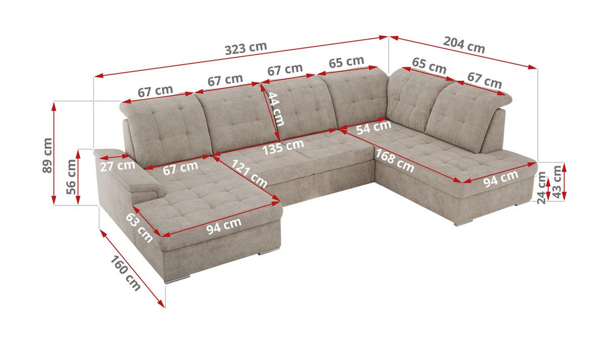 WOHNLANDSCHAFT MADRITO U - Beige Struktur - Links - Beige/Silberfarben, Textil/Metall (204/89/323cm) - MKS