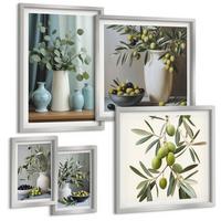 BILDER SET 5er Set - 50x50 cm & 20x30 cm & 40x60 cm Silberner Rahmen - Oliven in Vasen in gedeckten Farben - Silberfarben, Kunststoff (40/60cm) - TULUP