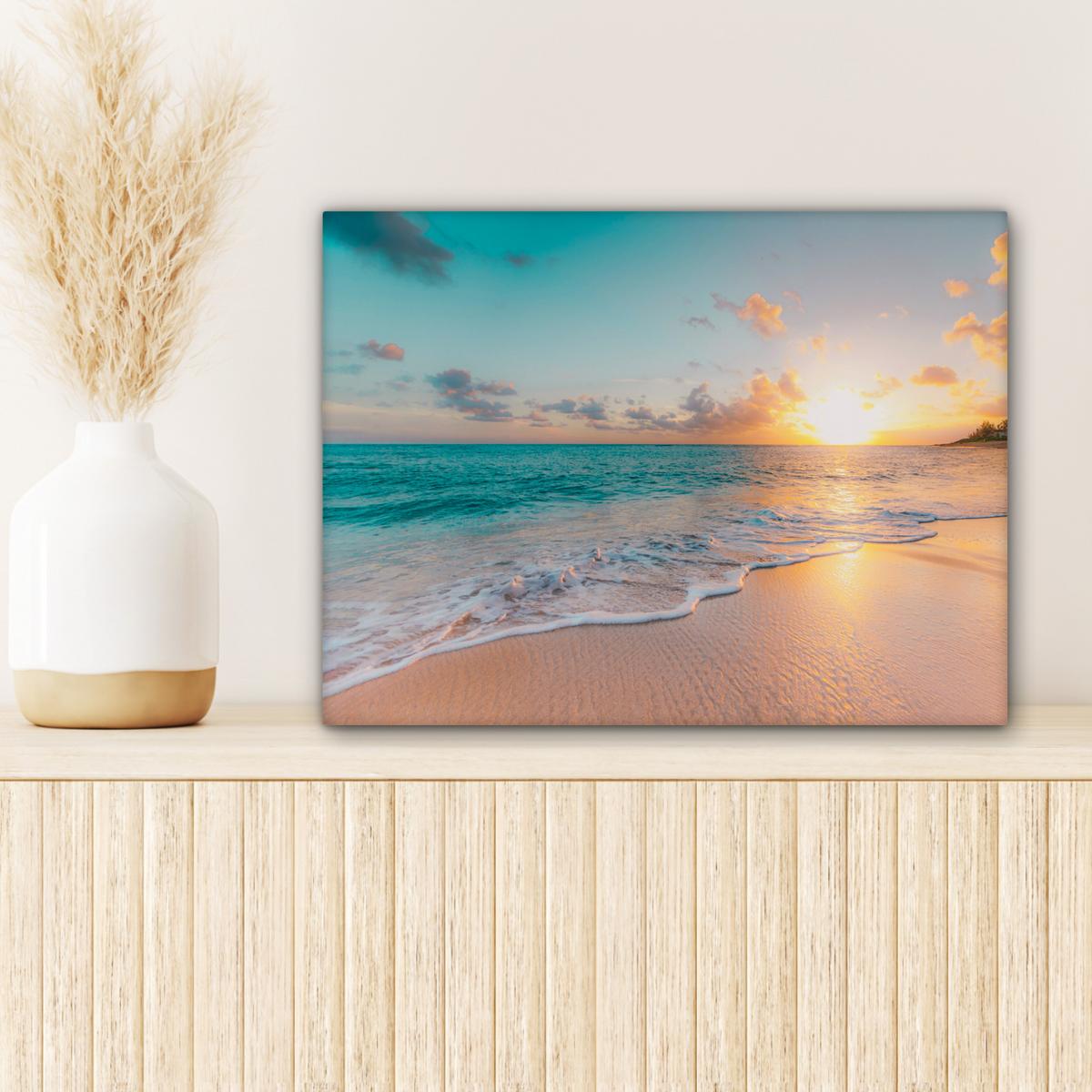 LEINWANDBILD Sonnenuntergang - Strand - Meer - Sommer - Blau Wandbild 40x30 cm - Multicolor, Textil (40/30cm) - MuchoWow