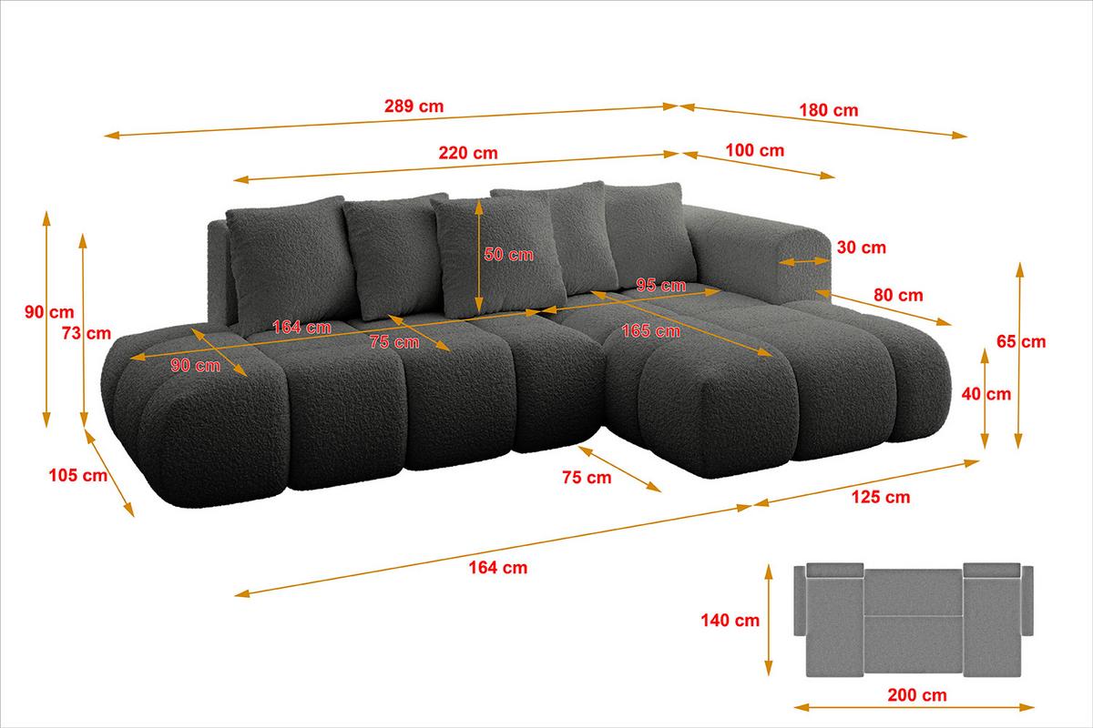 ECKSOFA Ottomane Rechts CLOUD-L-v1 280x185x90 Grau Bouclé - Grau, Holzwerkstoff/Kunststoff (185/280cm) - ALTDECOR