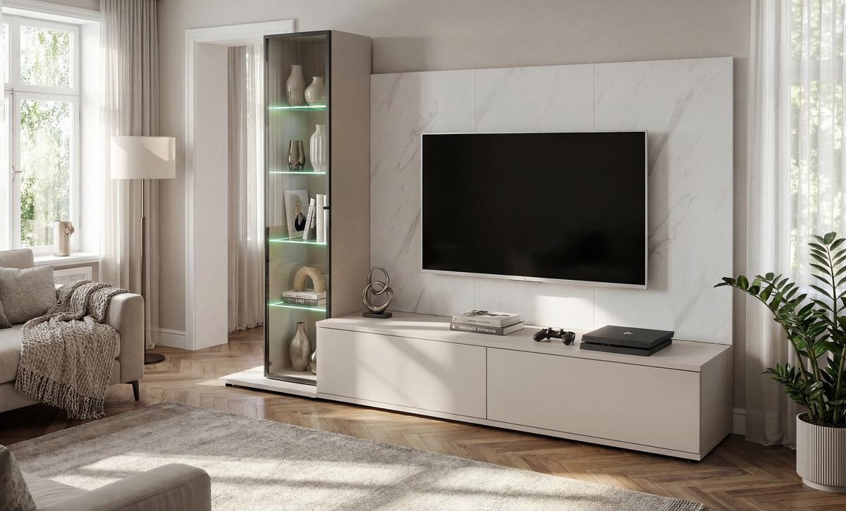 WOHNWAND kaschmir, Marmor weiß 240 cm, Schrankwand mit Wandpaneel, Beleuchtung, Push-to-Open - Kaschmir/Schwarz, Glas/Holzwerkstoff (240/175/45cm) - Inn.Furn