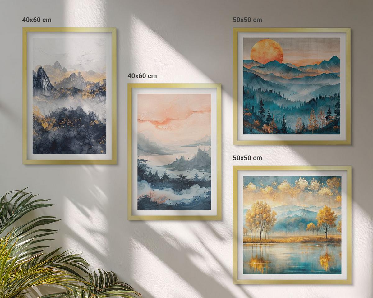 BILDER SET 4er Set - 50x50 cm & 40x60 cm Goldrahmen - Gemalte Abstraktionen der Natur - Goldfarben, Kunststoff (50/50cm) - TULUP