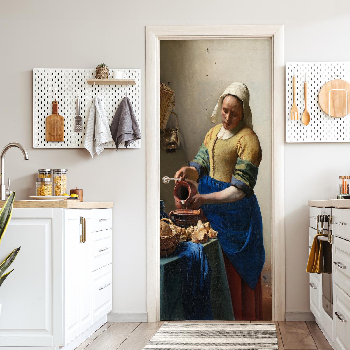 TÜRAUFKLEBER Das Milchmädchen - Johannes Vermeer 90x215 cm - Türtapete - Dunkelblau, Kunststoff (90/0.1cm) - MuchoWow
