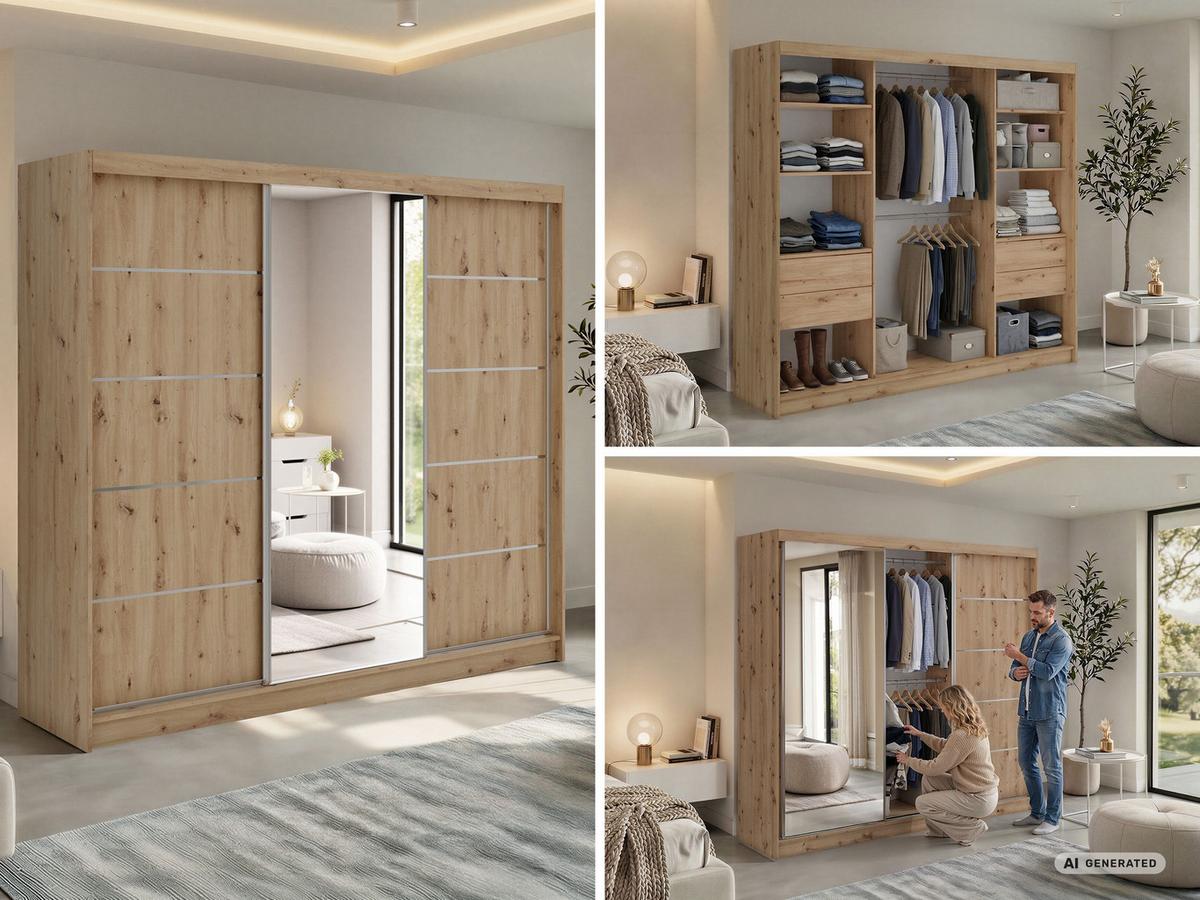 SCHWEBETÜRENSCHRANK mit Schubladen 240 - SKORIA - Eiche Artisan mit Spiegel - Alufarben/Eiche Artisan, Holzwerkstoff/Metall (240/216/61cm) - MKS