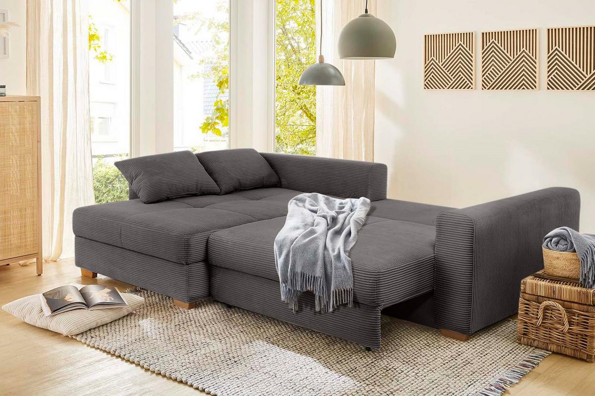 ECKSOFA-DAUERSCHLÄFER Federkern Bettkasten, seitenverkehrt montierbar B288/T186/H86 cm, Liegefl. 153x245 cm, Cord Dunkelgrau / 15153 - Dunkelgrau/Eichefarben, Holz/Textil (288/186cm) - luma-home