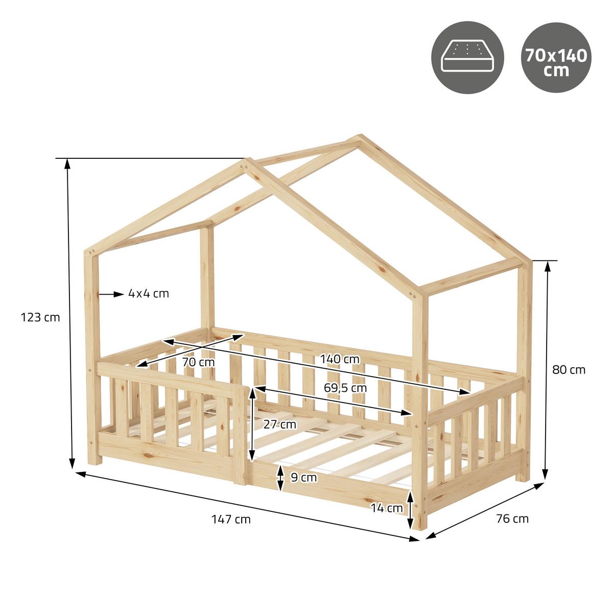 HAUSBETT 70x140 cm Natur aus Kiefernholz mit Rausfallschutz - Beige, Holz (70/140cm) - ML-DESIGN