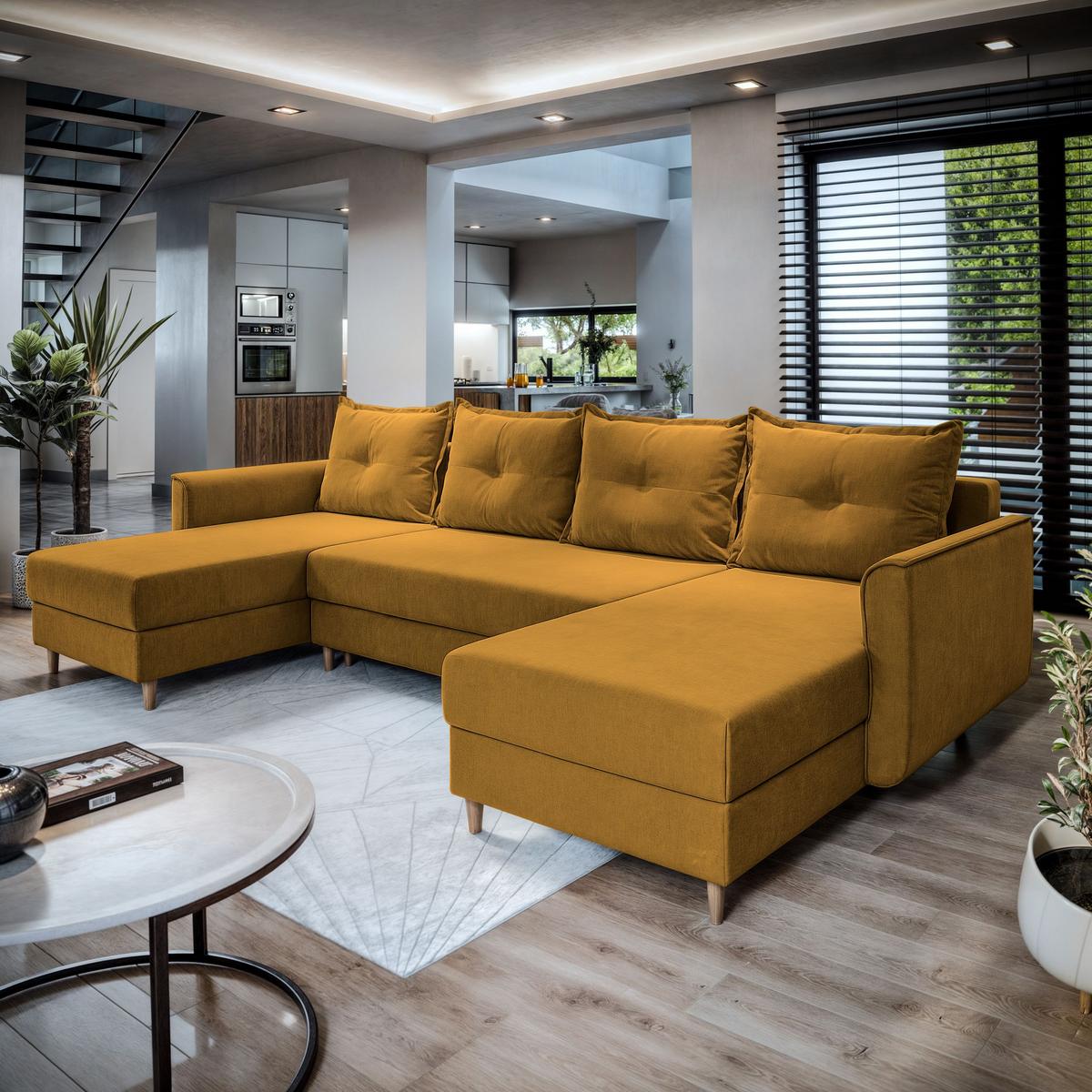 WOHNLANDSCHAFT VERNI Gelb Plüsch-Stoff mit Schlaffunktion - Gelb/Braun, Holz/Textil (285/91/143cm) - MASSENO