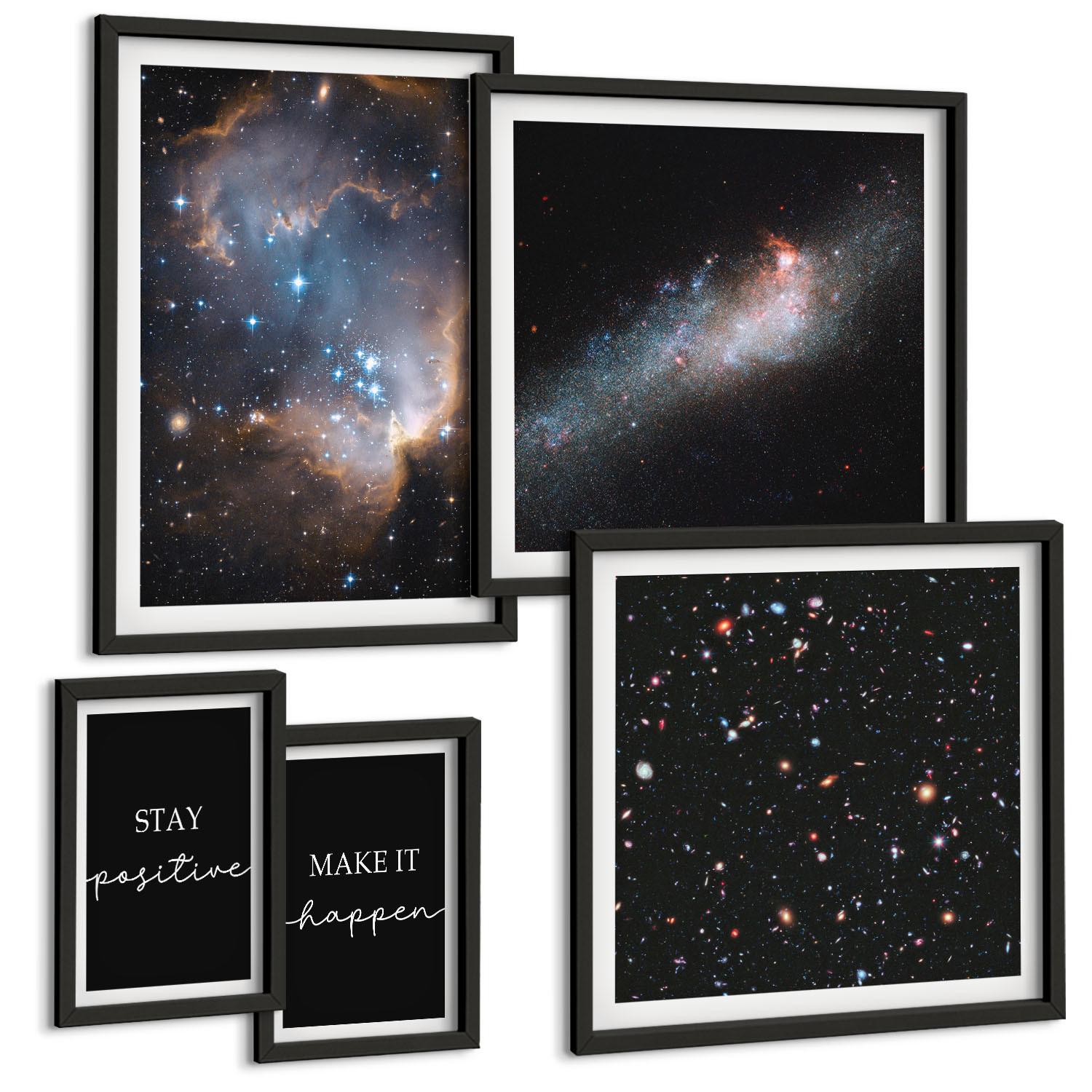BILDER SET 5er Set - 50x50 cm & 20x30 cm & 40x60 cm Schwarzer Rahmen - Motivationsslogans Sterne Weltraum - Schwarz, Kunststoff (40/60cm) - TULUP