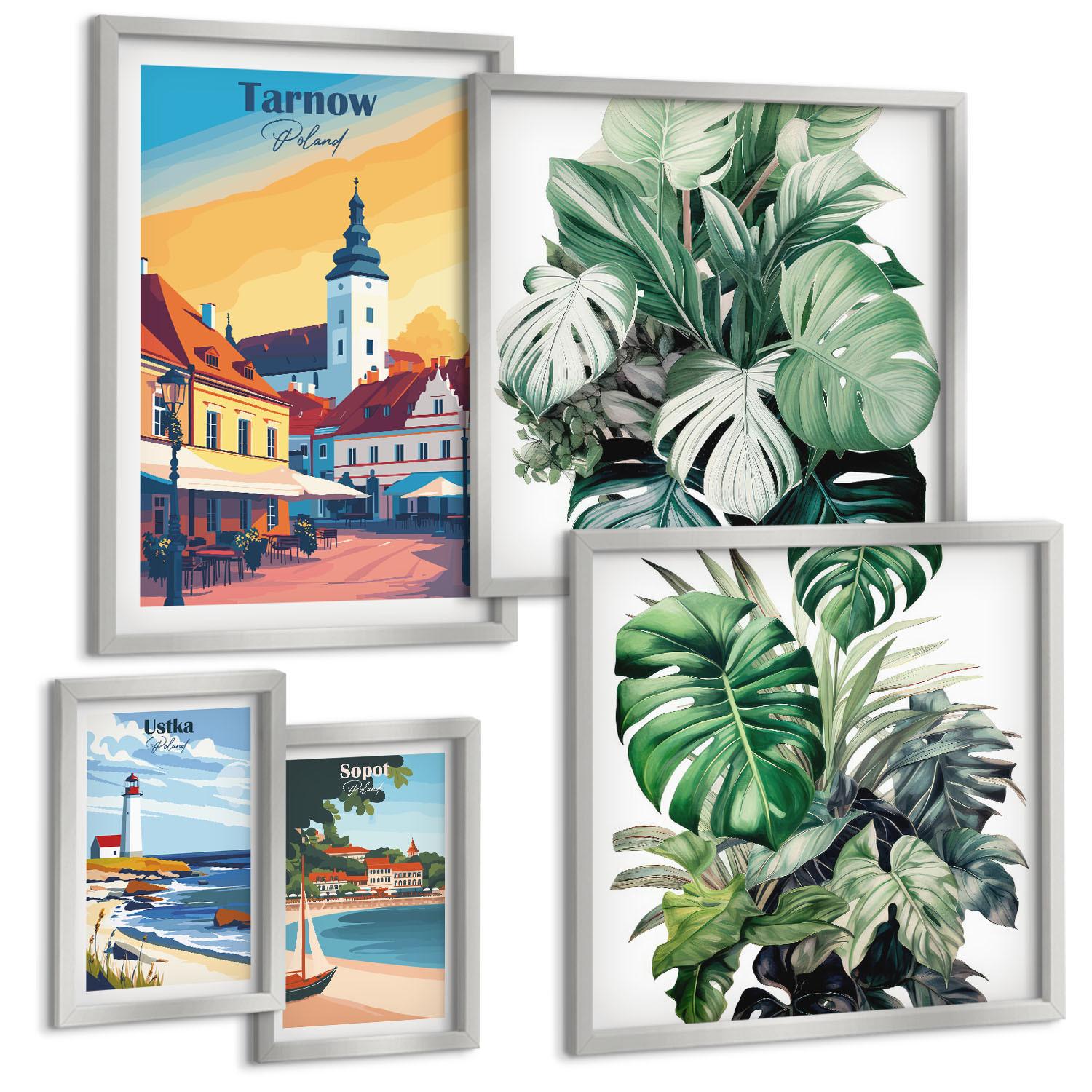 BILDER SET 5er Set - 50x50 cm & 20x30 cm & 40x60 cm Silberner Rahmen - Stadt- und Naturlandschaften - Silberfarben, Kunststoff (40/60cm) - TULUP