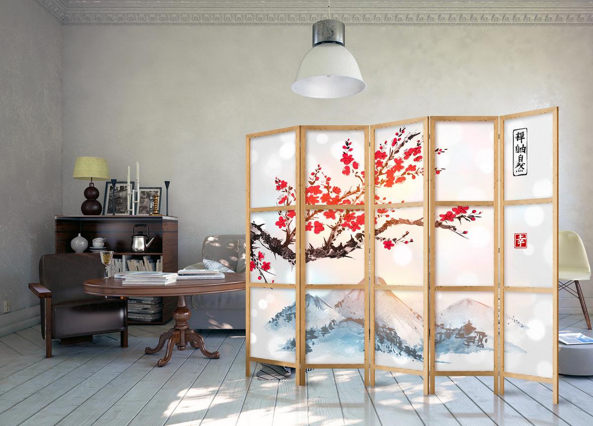 PARAVENT Japanischer 5-tlg 225x172 cm Sakura Berg Fuji - Multicolor, Holz/Textil (225/172/3cm) - Muralo