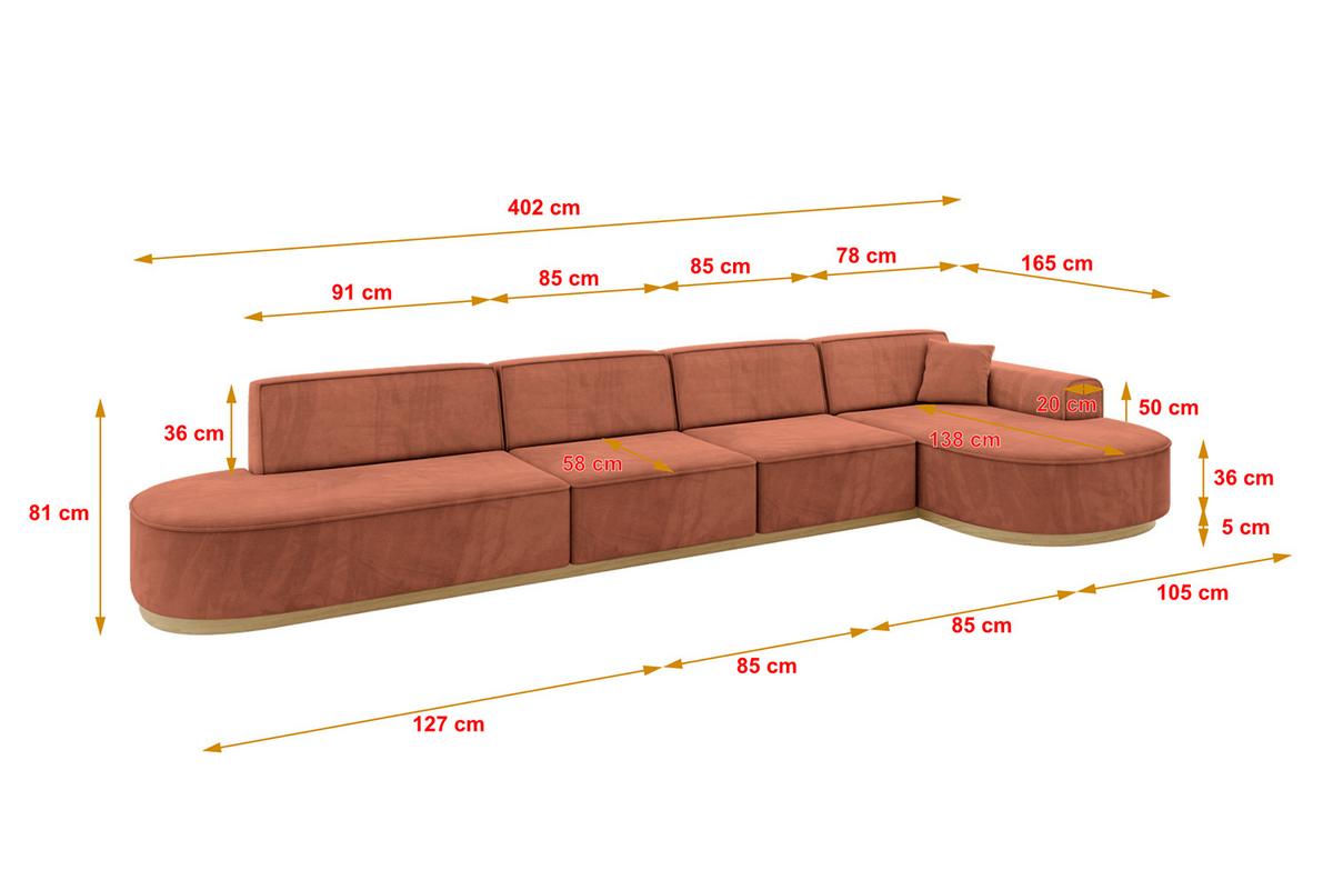ECKSOFA Ottomane Rechts MARI-L3-v2 - 413x171x83 cm Koralle Velours - Koralle, Holzwerkstoff/Textil (171/413cm) - ALTDECOR