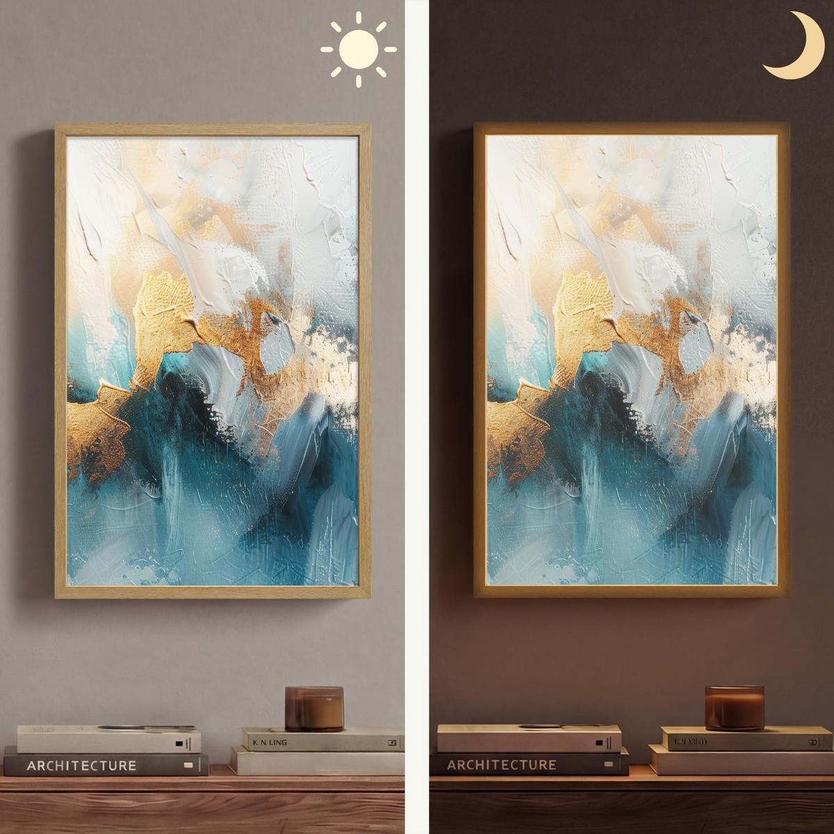 WANDLEUCHTE MIT AKKU Abstrakt - Kunst - Gold - Blau 40x60 cm - Türkis, Holzwerkstoff (40/60/8cm) - OnlyWow