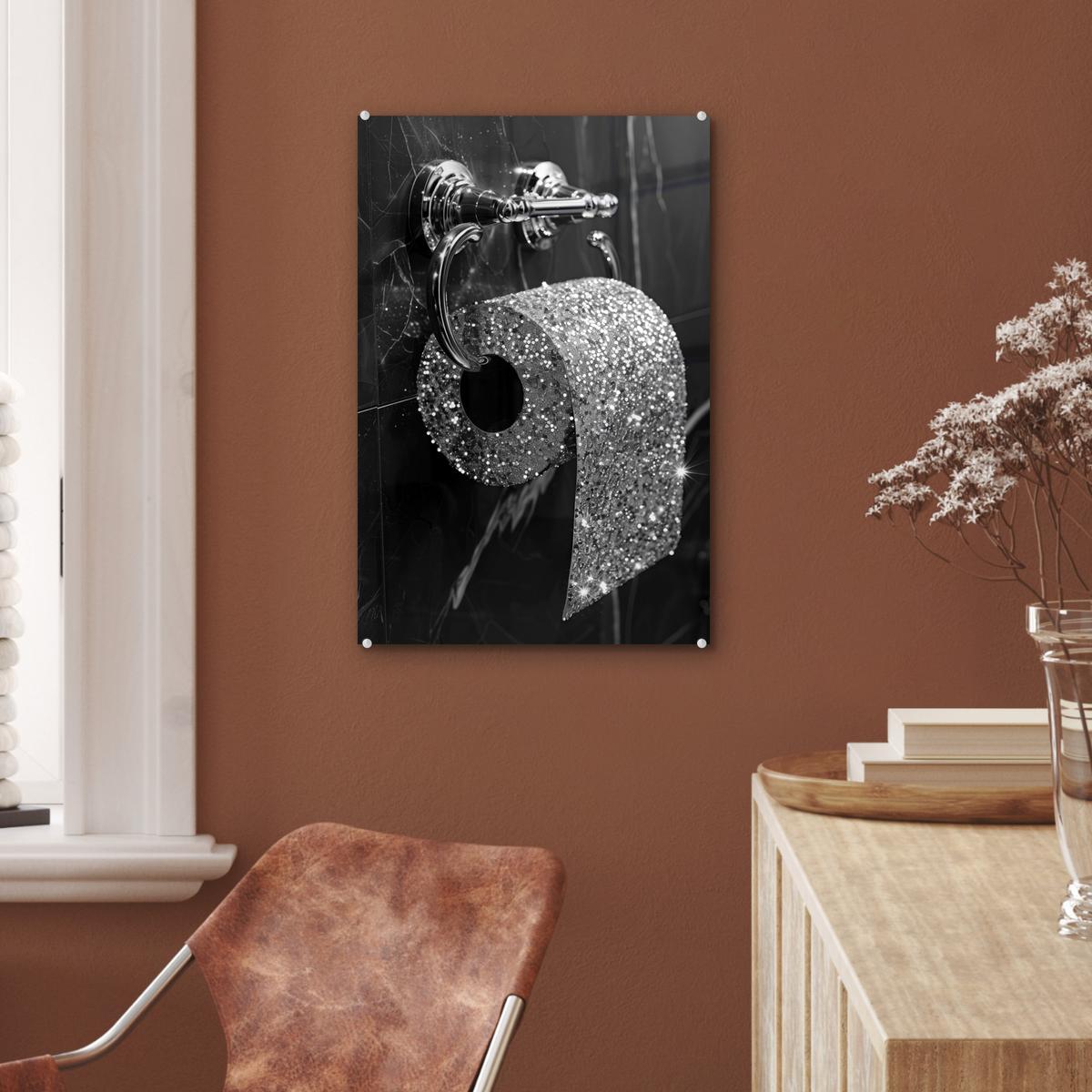 ACRYLGLASBILD WC - Toilettenpapier - Schwarz und weiß - Glitter Wanddeko Wohnzimmer 40x60 cm - Silberfarben, Glas (40/60cm) - MuchoWow